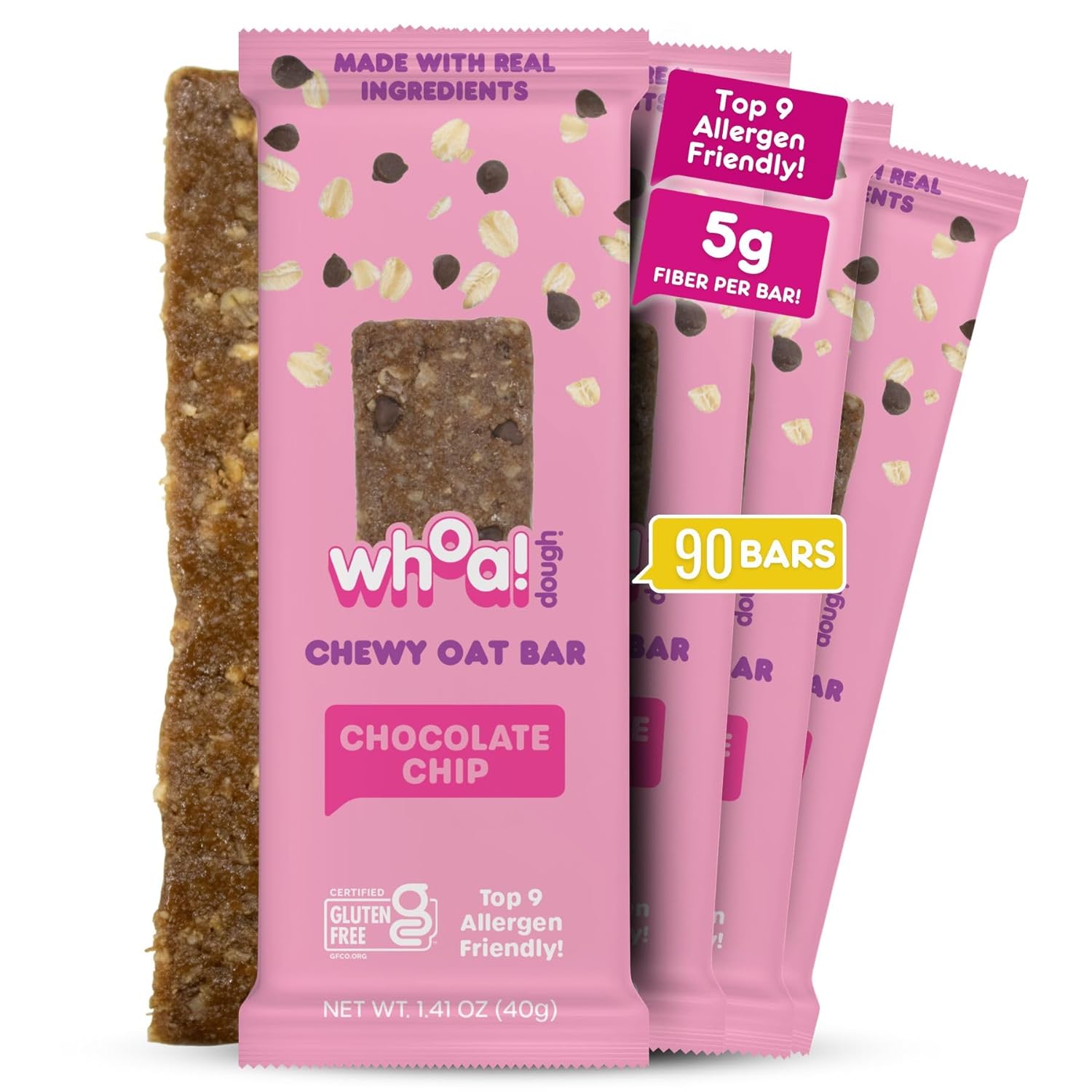 Whoa! Dough Top 9 Allergen Free Chewy Oat Bars - Chocolate Chip | (90) 1.41 oz Individually Wrapped Bars | 5g Fiber, Allergen Friendly, Gluten-Free & Plant-Based Granola Oat Bars