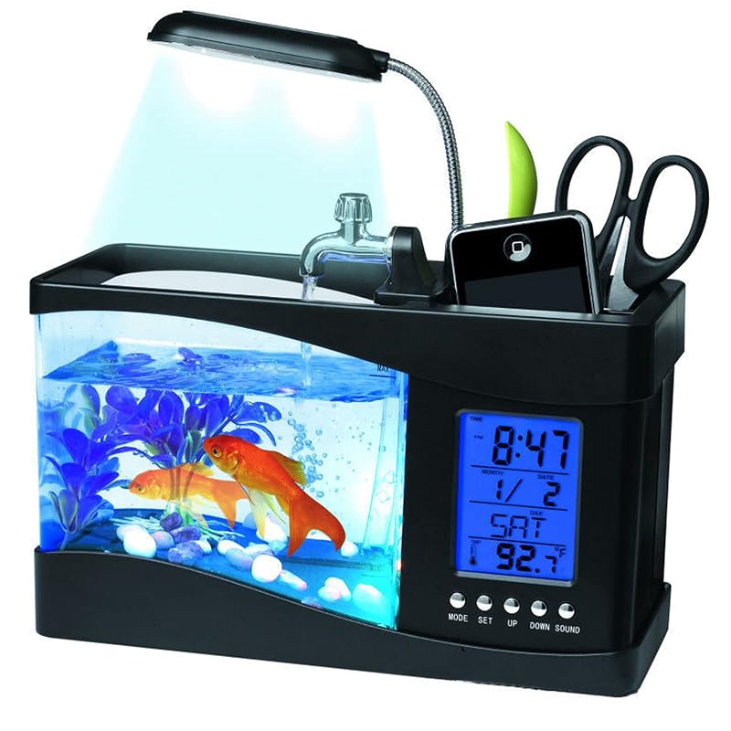Aquário decorativo de mesa com luz LED colorida, display LCD e porta-canetas Sanpyl, 1 unidade