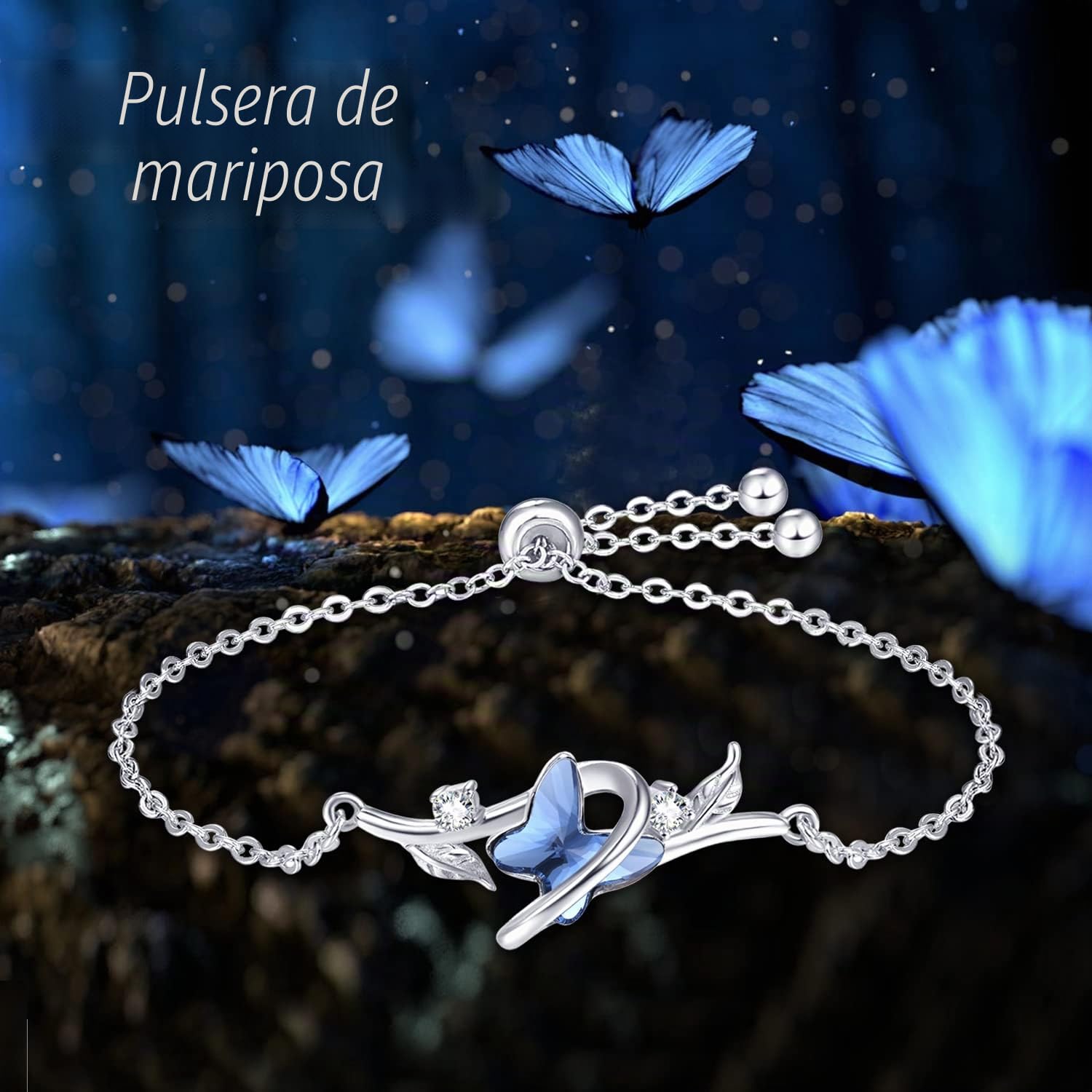 KINGWHYTE Pulsera de mariposa de plata de ley 925 con cristales azules, ajustable, para aniversario, cumpleaños, Navidad, regalo para mujer, 7 inch, Plata de ley