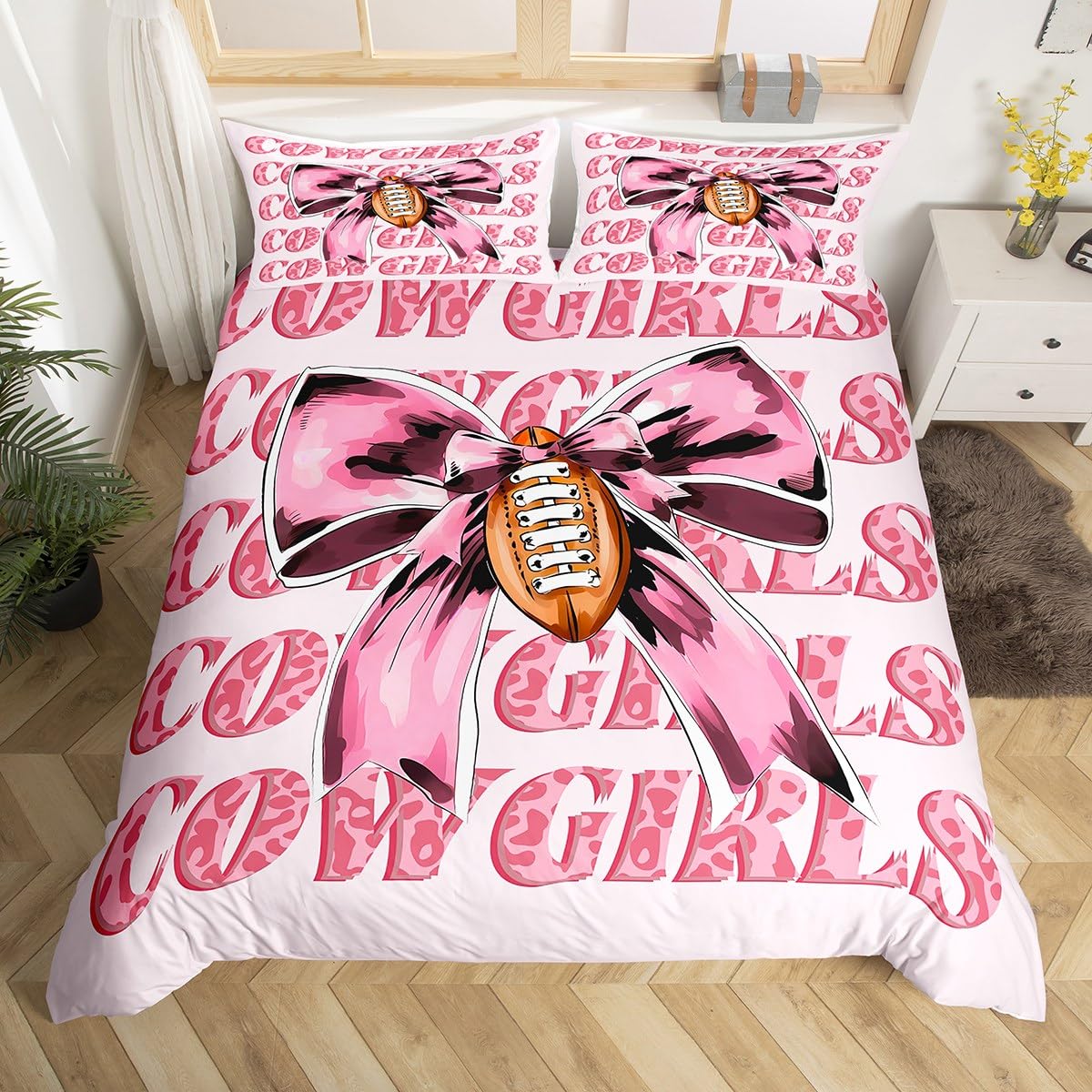 Homewish Różowa kokarda poszewka na kołdrę king size futbol amerykański zestaw pościeli dla dziewczynek dzieci zachodni kowboje kokarda krawat poszewka na kołdrę kawaii akwarela lampart nadruk pościel