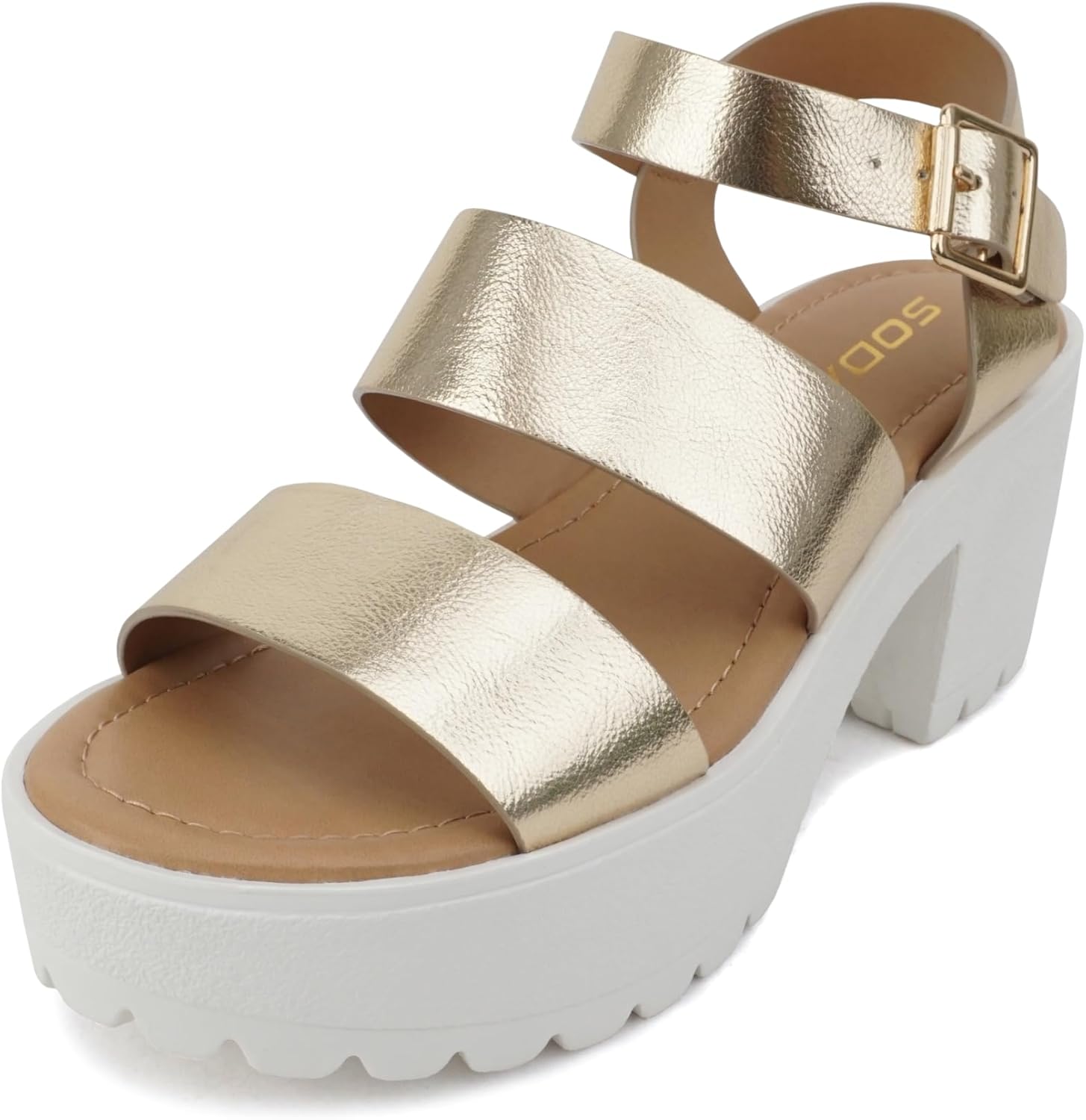 Soda ACCOUNT ~ Women Open Toe Two Bands Lug sole Fashion Block Heel Sandals with Adjustable Ankle Strap
