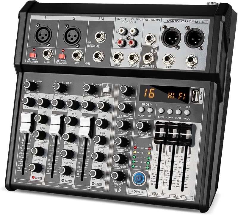 Mezclador de audio profesional, interfaz de audio de 4 canales, sistema de consola de mezcla de placa de sonido, mezclador Bluetooth DSP DJ de 16 bits + efecto fantasma de 48 V para grabación de transmisión en estudio de karaoke (XT4)