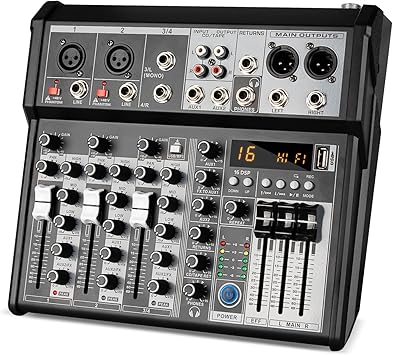 Depusheng Professional Audio Mixer, 4 Channel Audio Interface Sound Board Mixing Console System, 16-Bit DSP DJ Bluetooth Mixer +48V Phantom Effect For Karaoke Studio Streaming Recording (XT4)