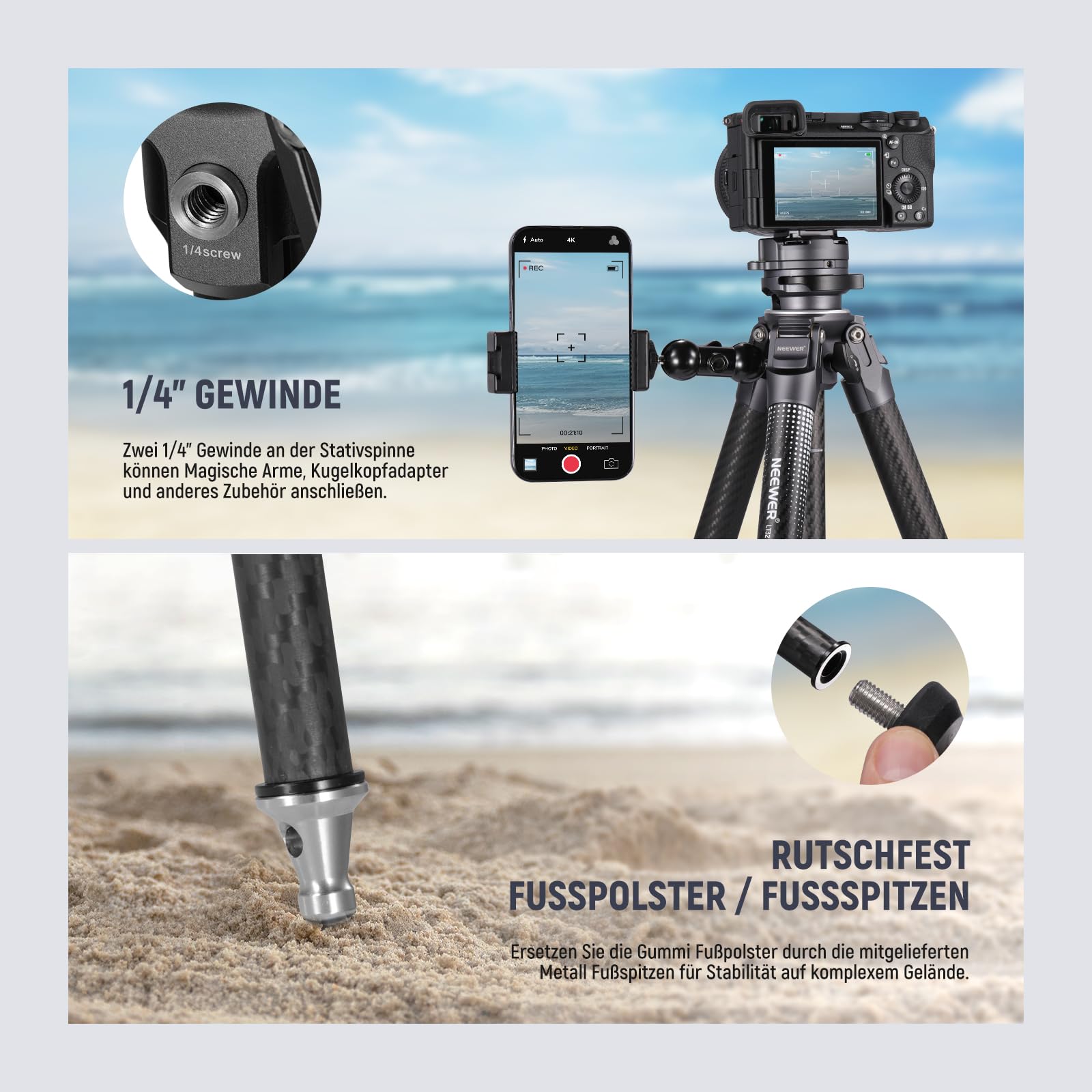 NEEWER LITETRIP LT32 Kamera Reisestativ, tragbarer Ständer aus Carbonfaser, Kugelkopf mit Mittelachse Klappverschluss Reinigungstuch Arca QR Platte kompatibel mit Peak Design Capture V3 (ehemals TP62)