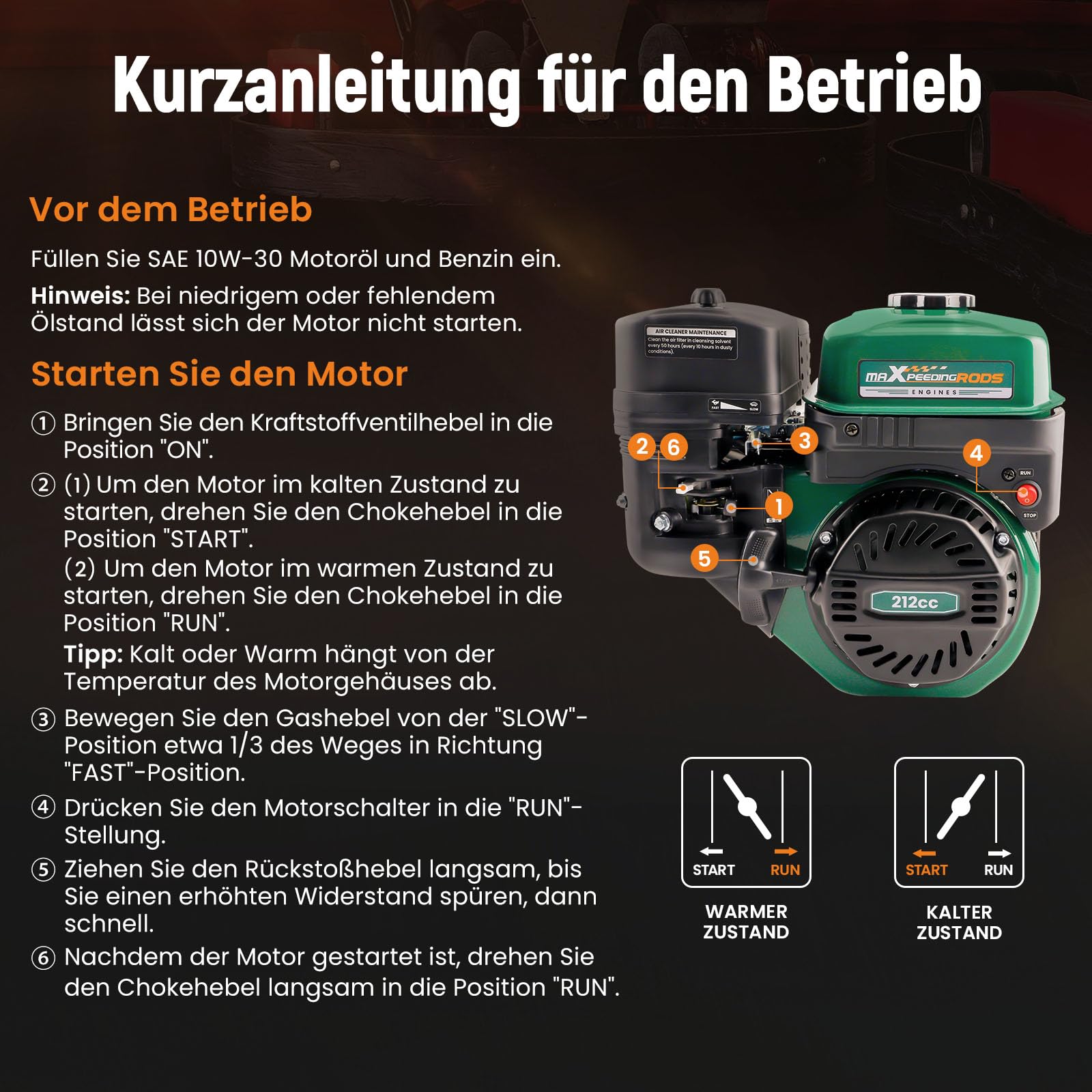 maXpeedingrods 7 PS Benzinmotor OHV-Motor, Standmotor Kartmotor, Benzin Motor mit 19 mm Ø Welle, 4-Takt, 1 Zylinder Benzin Motor, 212cc Hubraum,Recoil, luftgekühlt