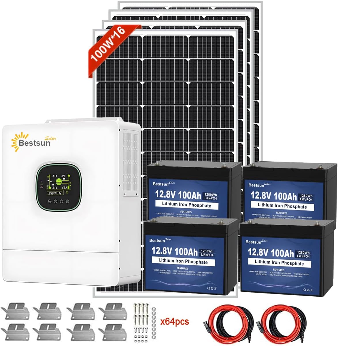 BPS-5000W Pro Solar Power System with 1600W Solar Panels, 51.2V 100Ah 5120Wh 5KW LiFePO4 Battery Energy Storage Powerwall, and 5KW 120V Hybrid Inverter Solar Energy System