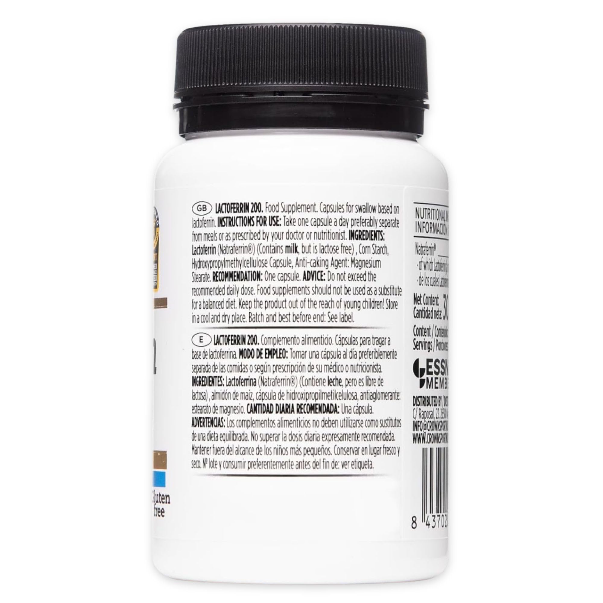 Crown Sport Nutrition Lactoferrin 200 Natraferrin® | Lactoferrina ≥95% Pureza | Suplemento de Hierro y Ferritina | Sin Lactosa | 60 Cápsulas | Informed Sport
