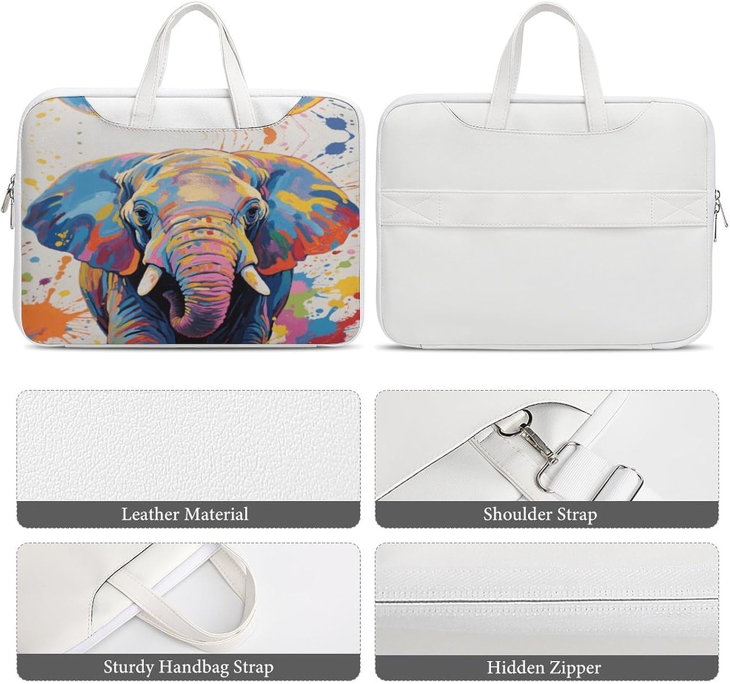 Colorful Elephant Painting 37x28cm White-style Laptop Bag Leather Tablet Computer Briefcase Large Capacity Work Business Tote Bags for Office