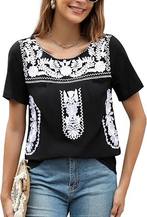Mexican Shirts for Women Traditional Embroidered Tops Cinco De Mayo Fiesta Style Outfit