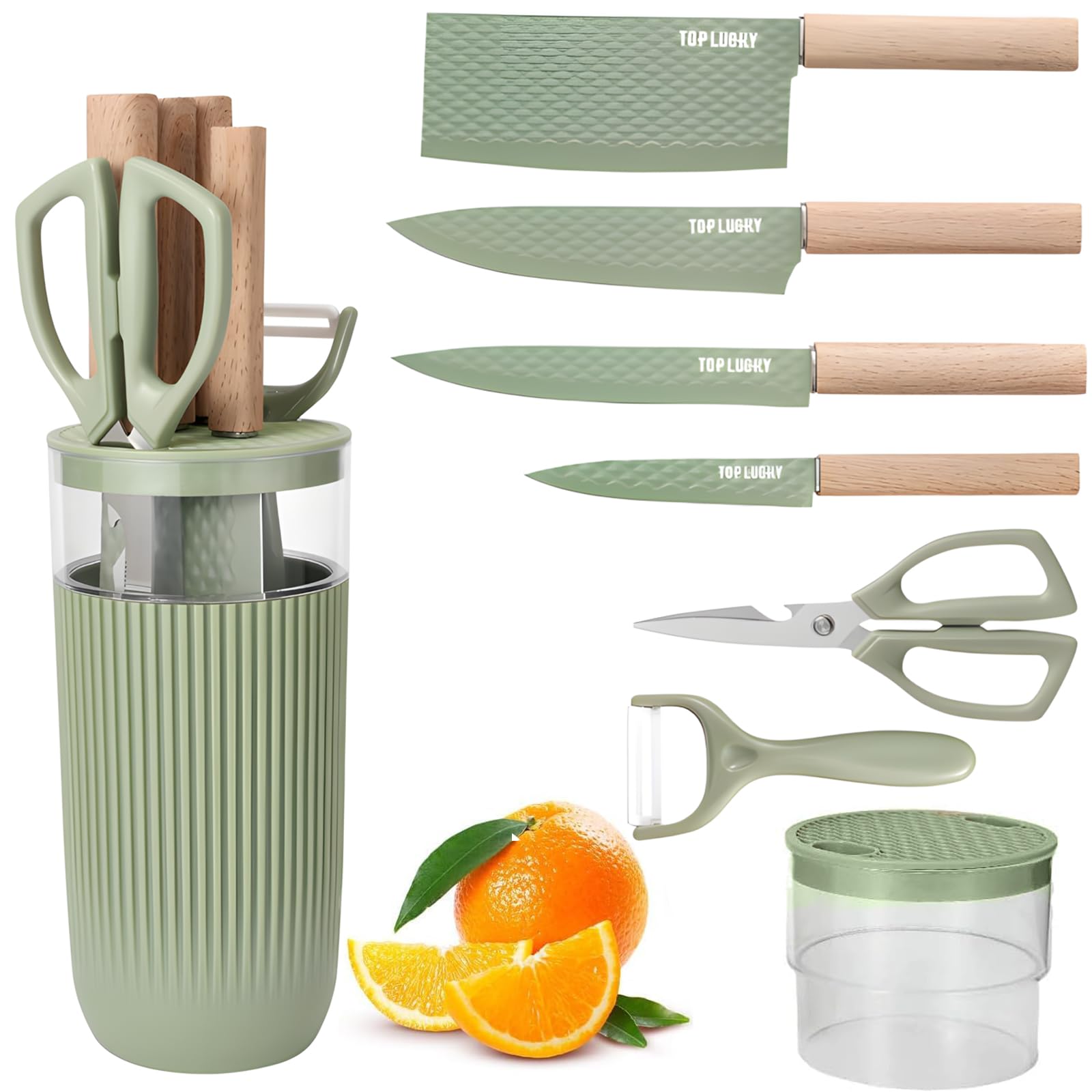 Kitchen Knife Set, 6 Pieces Pink Professional Knife Set with Universal Knife Block, Super Sharp Knife Set with Ergonomic Handle, Non-Stick Stainless Steel Knife Block Set (Green-7PC)