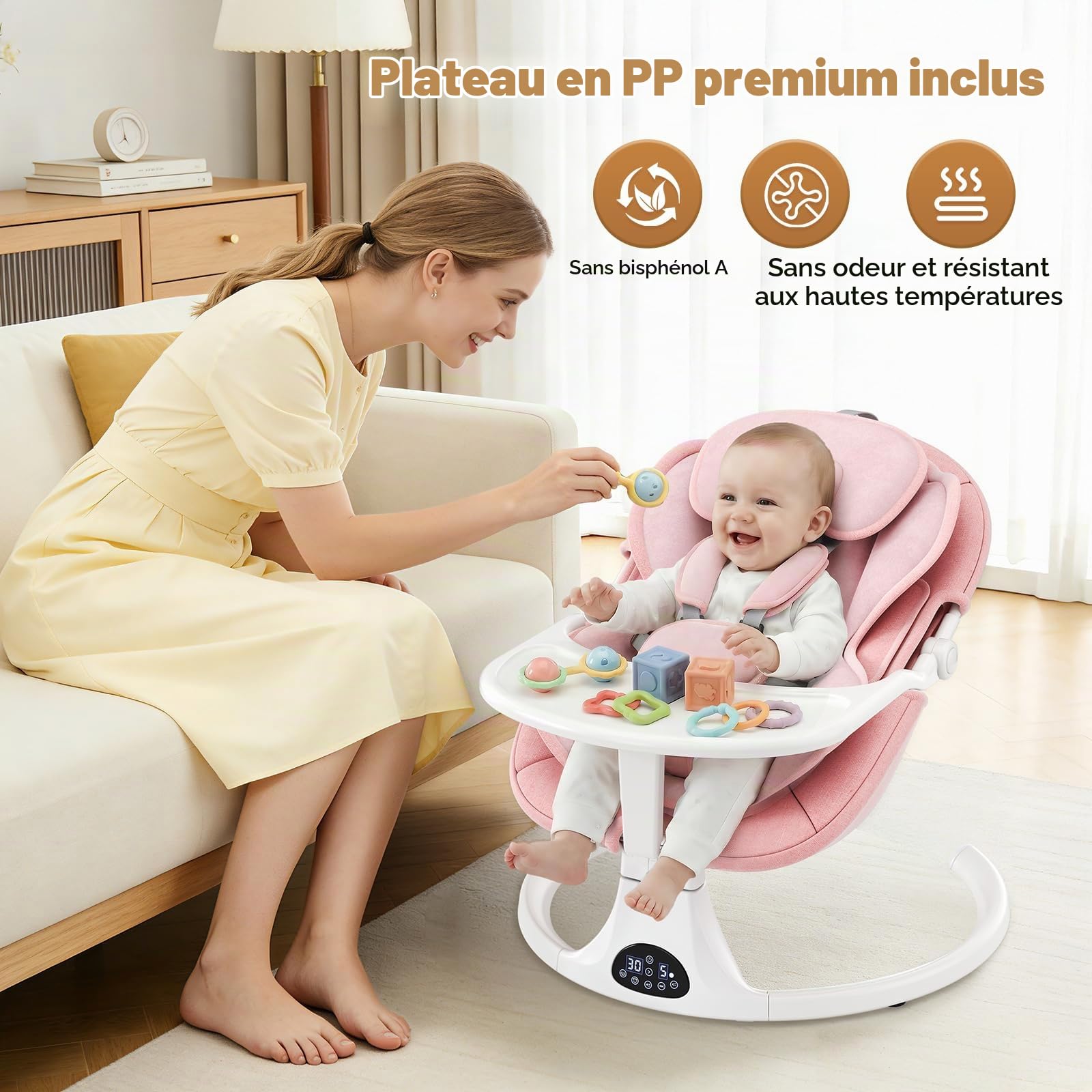 Dossier Réglable Transat Bébé Electrique, Balancelle Bébé Avec Coussin Amovible et Table D'appoint, Balançoire pour Baby avec 3 Minuteries et 5 Vitesses, 12 Mélodies, 3 Options D'alimentation (Rosa)