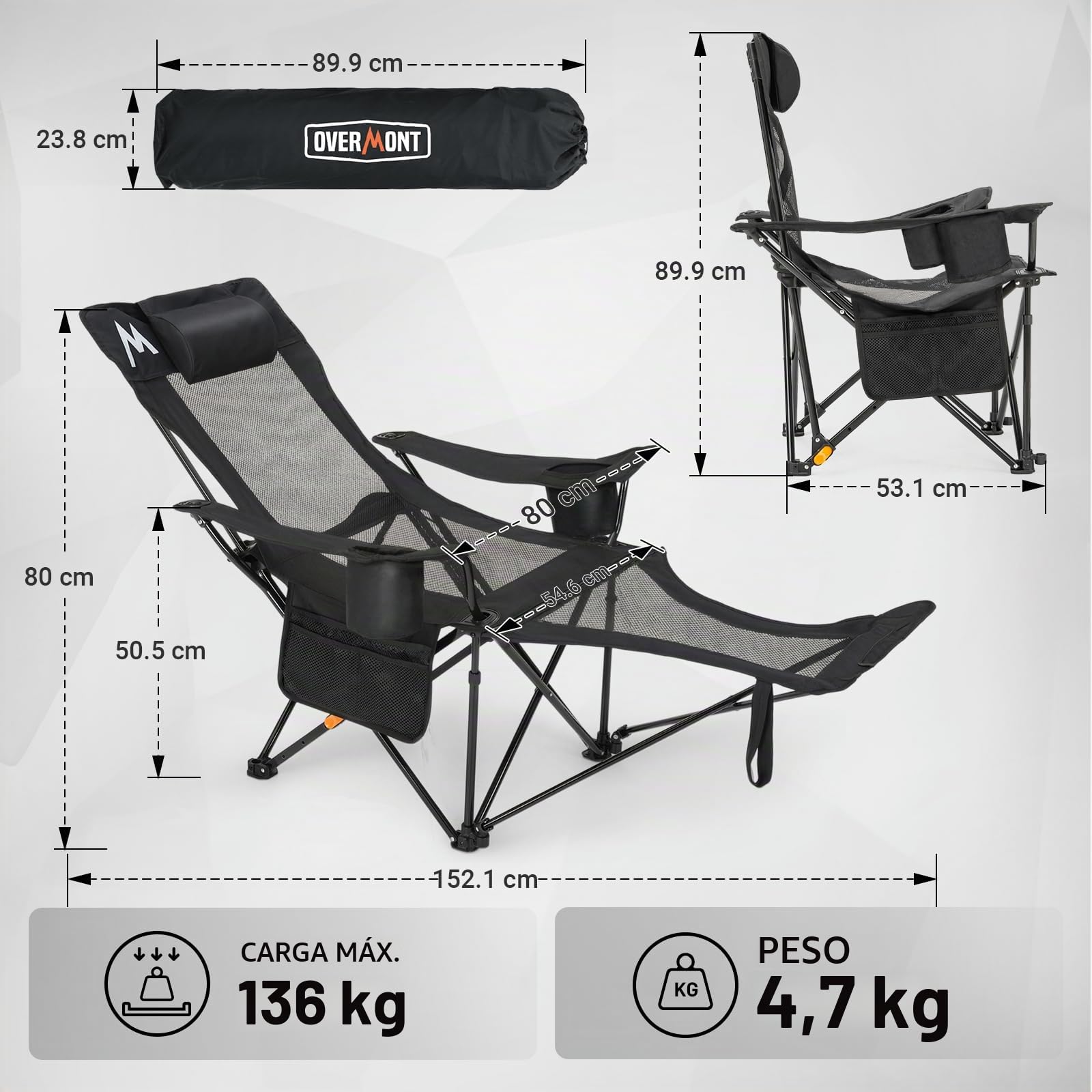 OVERMONT Silla de Camping Plegable - 2 en 1 con Reposapiés, Respaldo Ajustable 4 Posiciones - Silla Reclinable hasta 136 kg, con Reposacabezas y Bolsa - para Camping, Playa, Jardín y Pesca