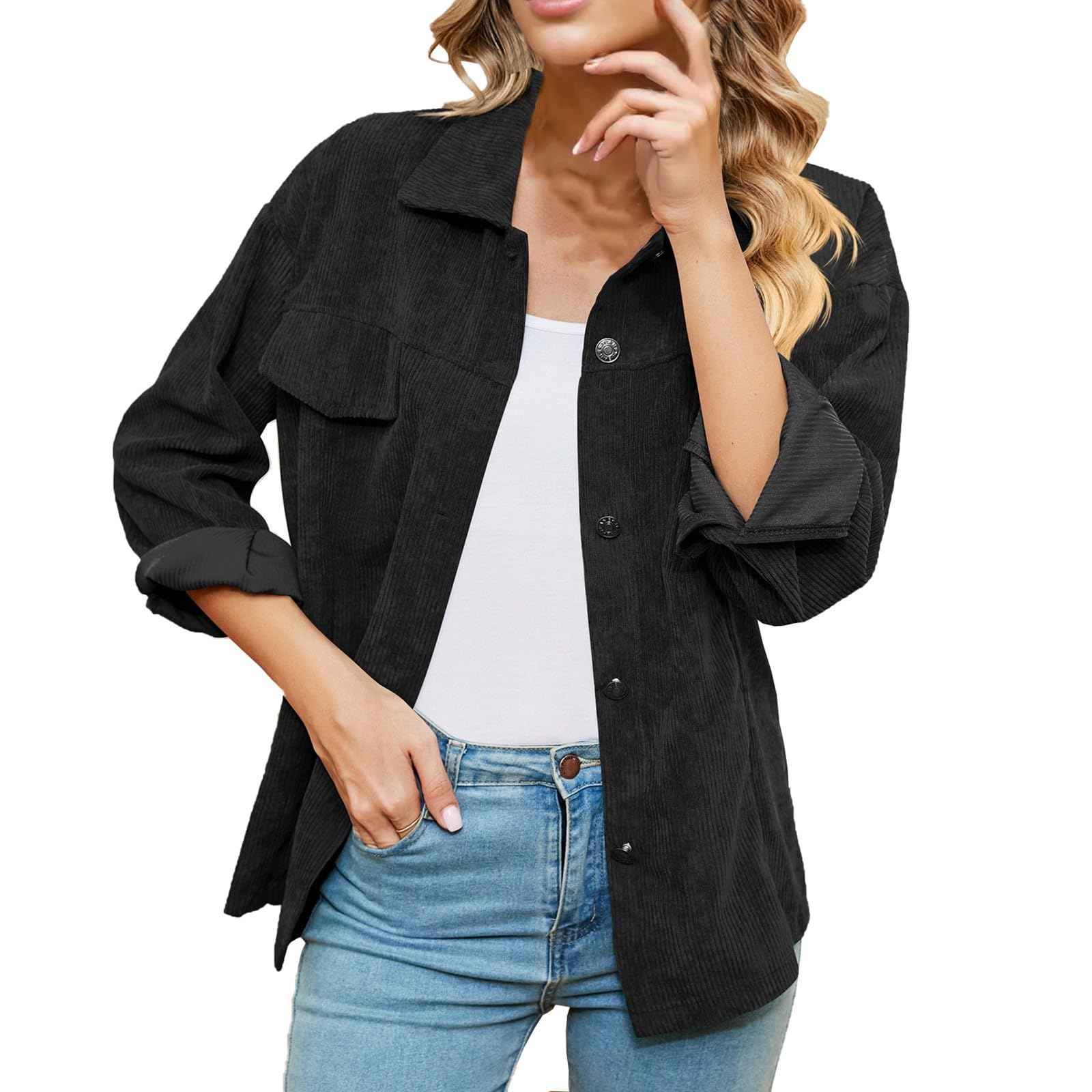Manteau à capuche en velours côtelé à manches longues pour femme 2024 boutonné en bloc de couleurs – Manteau utilitaire léger surdimensionné avec poches, bordeaux, XL