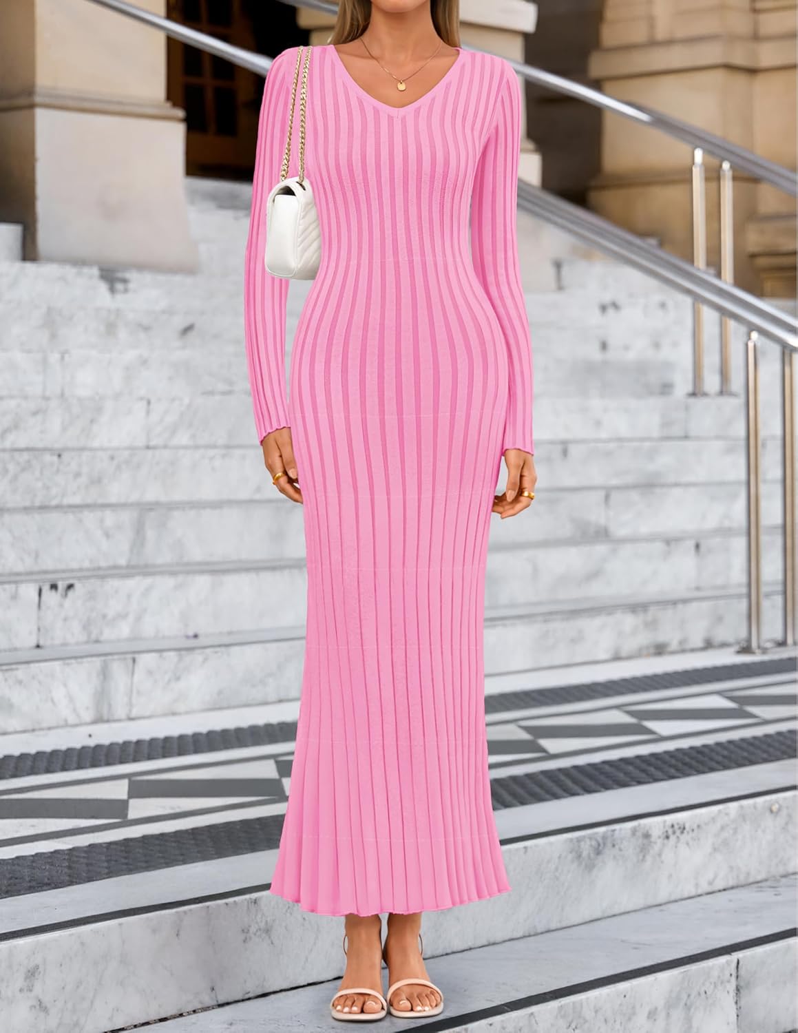 ZESICA Women's 2026 Spring Sweater Dress Long Sleeve V Neck Ribbed Knit Party Cocktail Bodycon Maxi Dresses - Image 2