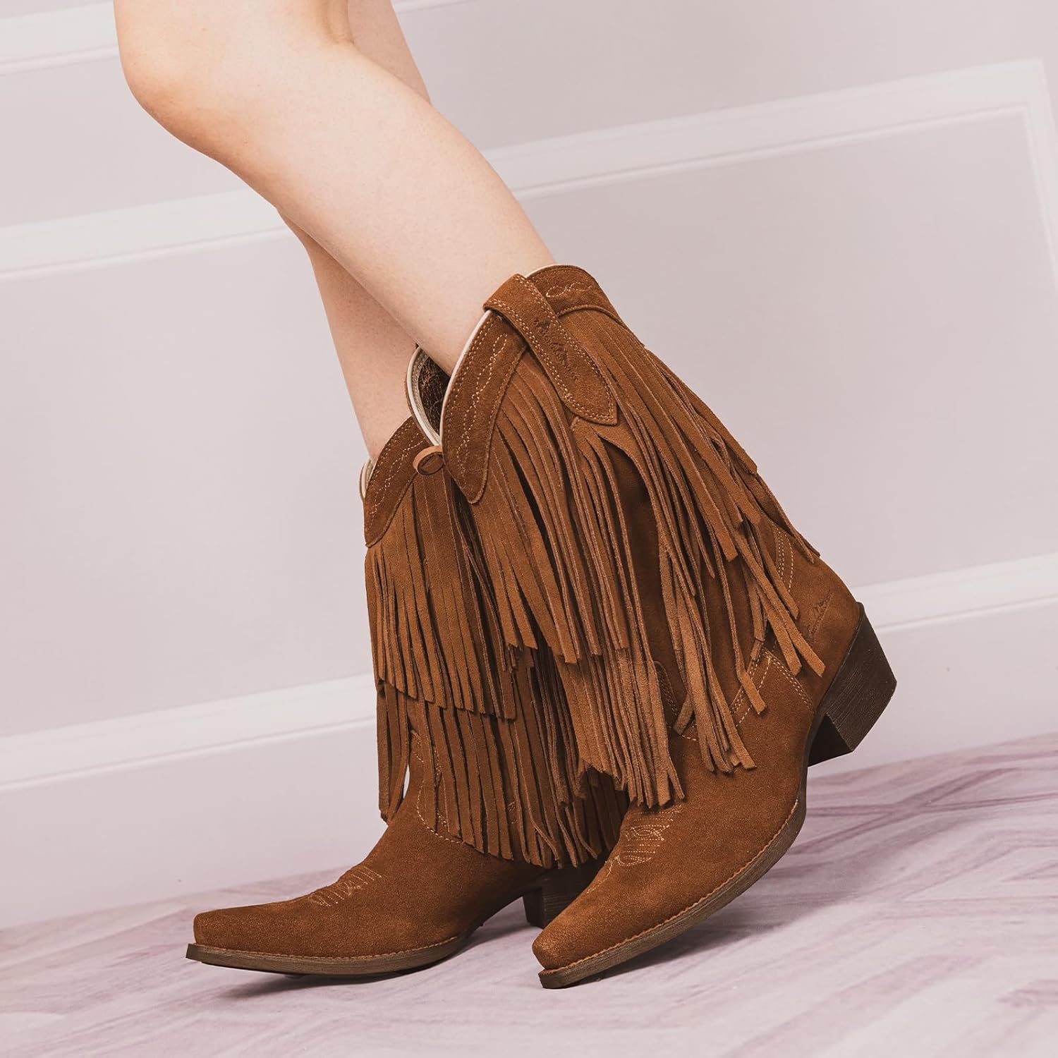 Montana West Cowboy Boots for Women Fringe Western Boots with Pointed Toe Cowgirl Boots Chunky Heel - Image 8