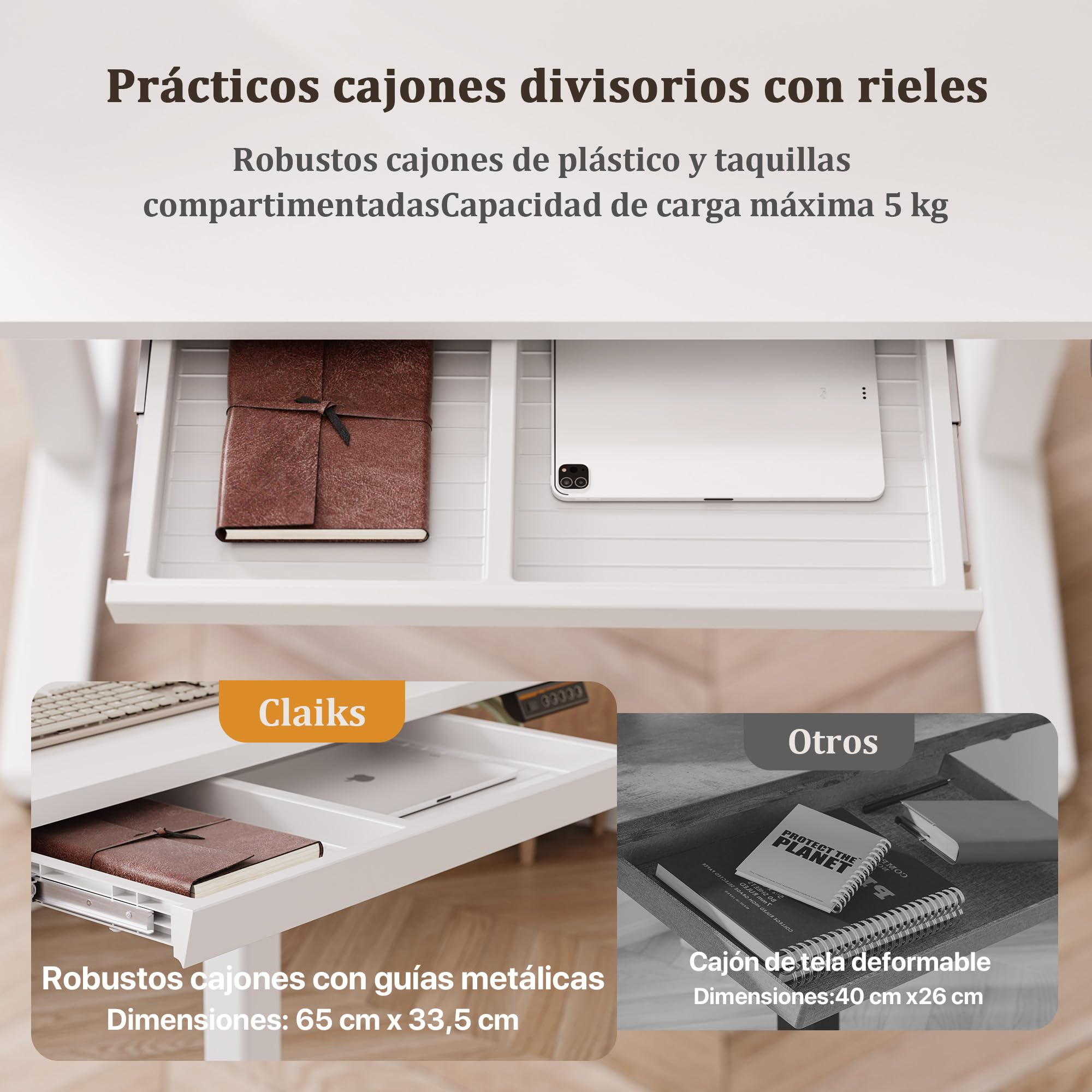 Claiks 120x60cm Escritorio Regulable en Altura con Cajones,80KG Capacidad de Carga Escritorio Elevable con 3 Memorias Inteligentes & 2 Gancho para Auriculares, Blancos