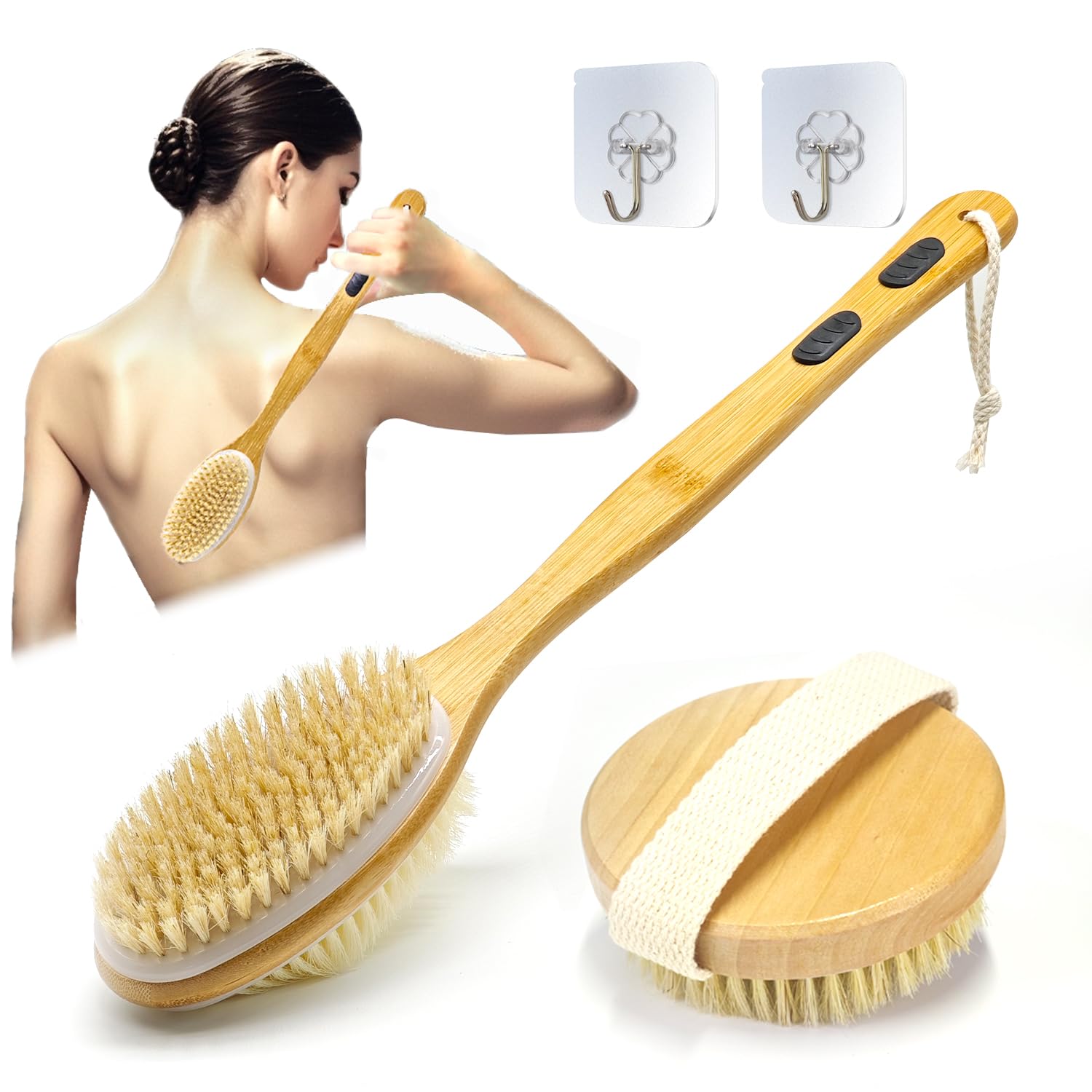 YUNYU Wet & Dry Brushing Body Brush Set, 2pcs Long Handle Back Scrubber & Round Head Dry Brush