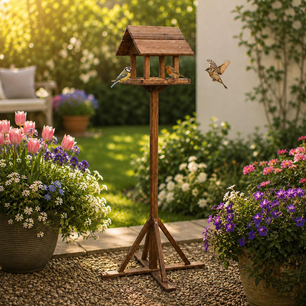 Garden Mile Tradizionale in Legno mangiatoia per Uccello da Giardino casa Dosatore impianto shelt Scacchi Nutrire Station Portatile Libero in Piedi
