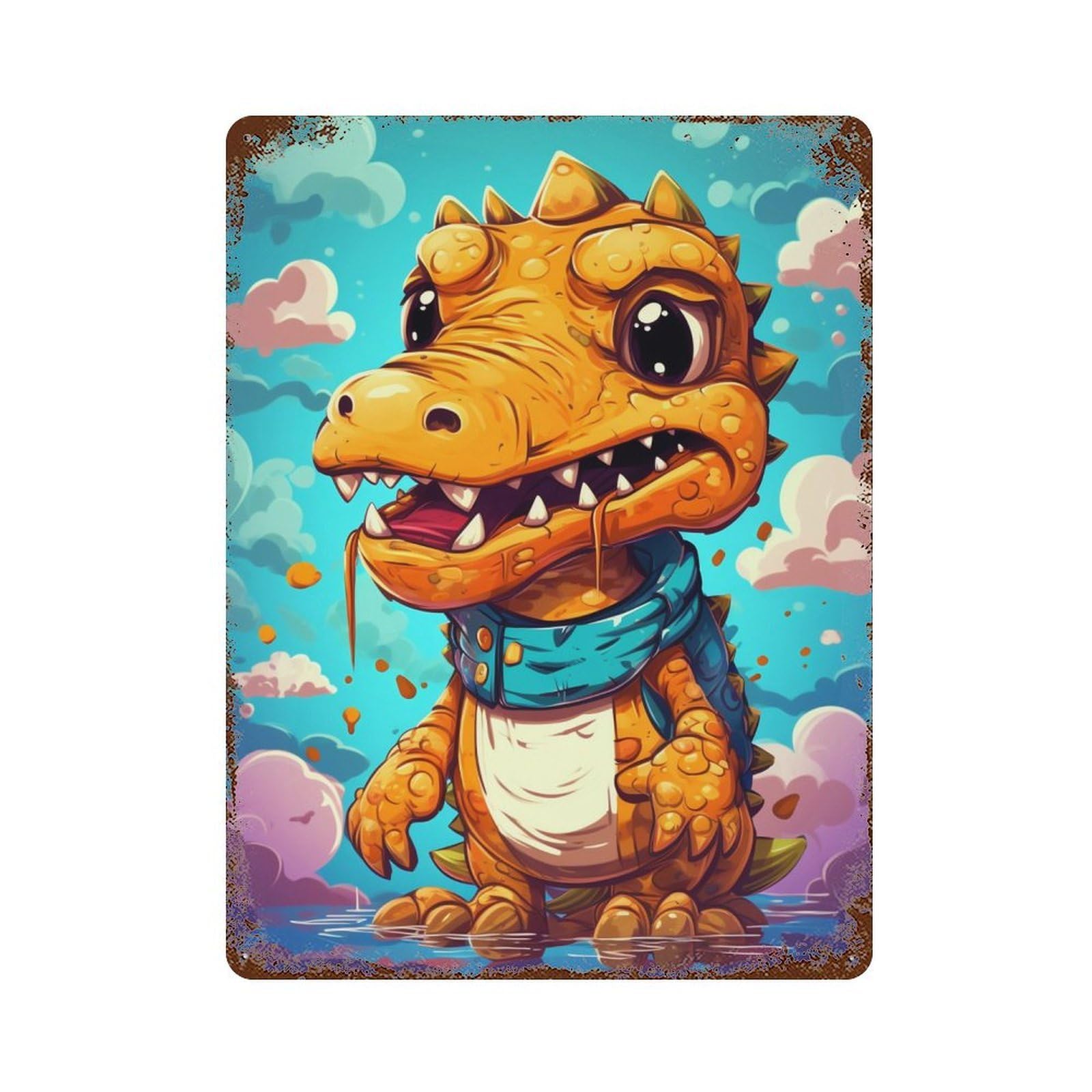 Rust Effect Adorable Dinosaur with Blue Scarf Aged Metal Wall Plaque 15.7"x11.8", Shabby Chic Decor for Living Room, Hallway And Home Decor