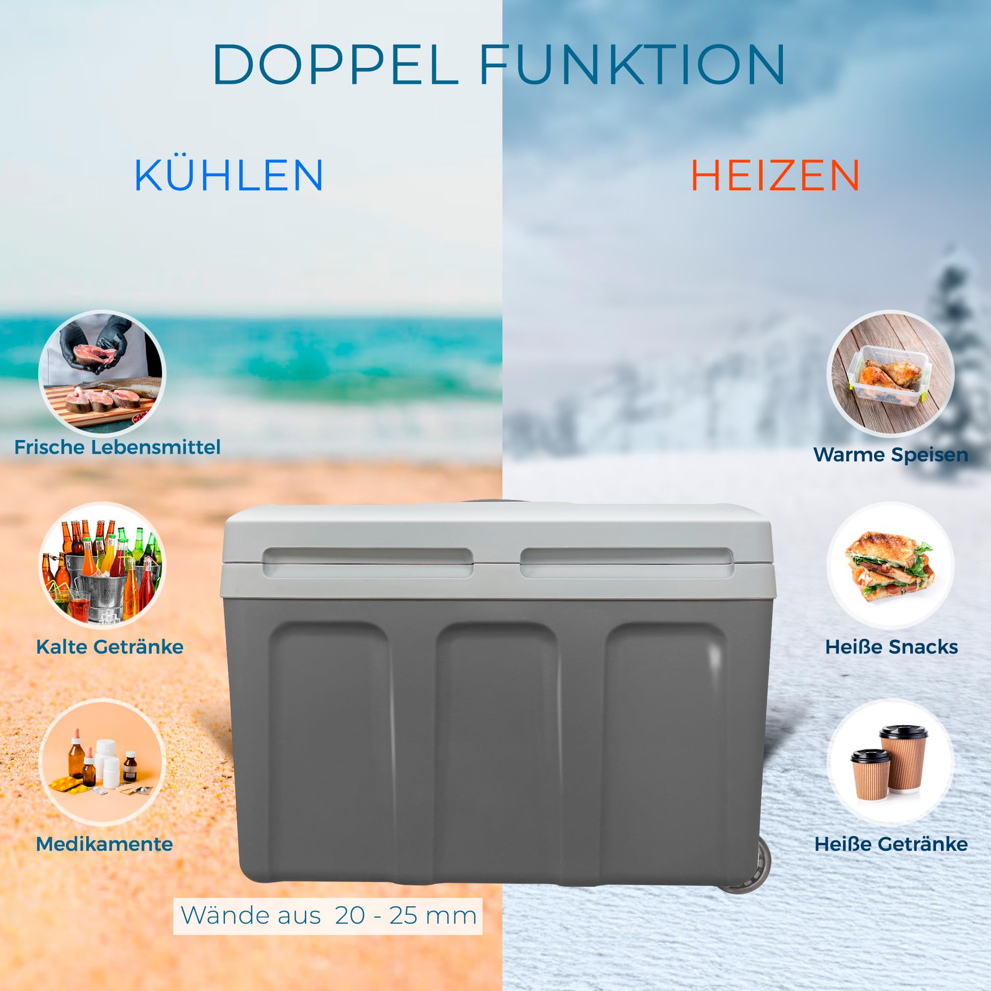 briebe Tragbare Elektrische Kühlbox für Reise, Auto, Camping, 12 V/220 V, Fassungsvermögen 40 L, Räder, Kühlung, Hält Warm, Energiesparend (Grau)