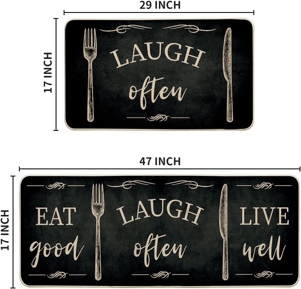 Artoid Mode Balck Eat Good Laugh Often Live Well Kitchen Mats Set of 2, Seasonal Fork and Knife Holiday Party Low-Profile Floor Mat for Home Kitchen - 17x29 and 17x47 Inch
