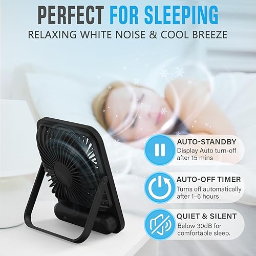 Miniatura 2 de Pequeño ventilador de viaje para dormir, mini ventilador de escritorio personal con batería recargable USB-C para oficina, dormitorio, habitación de