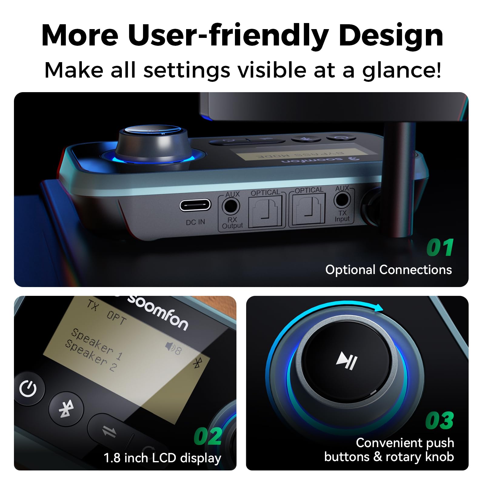 SOOMFON Bluetooth 5.0 Audio Adapter Transmitter Receiver with Aux/Optical/RCA, 3.5mm Jack, Optical, LCD Display