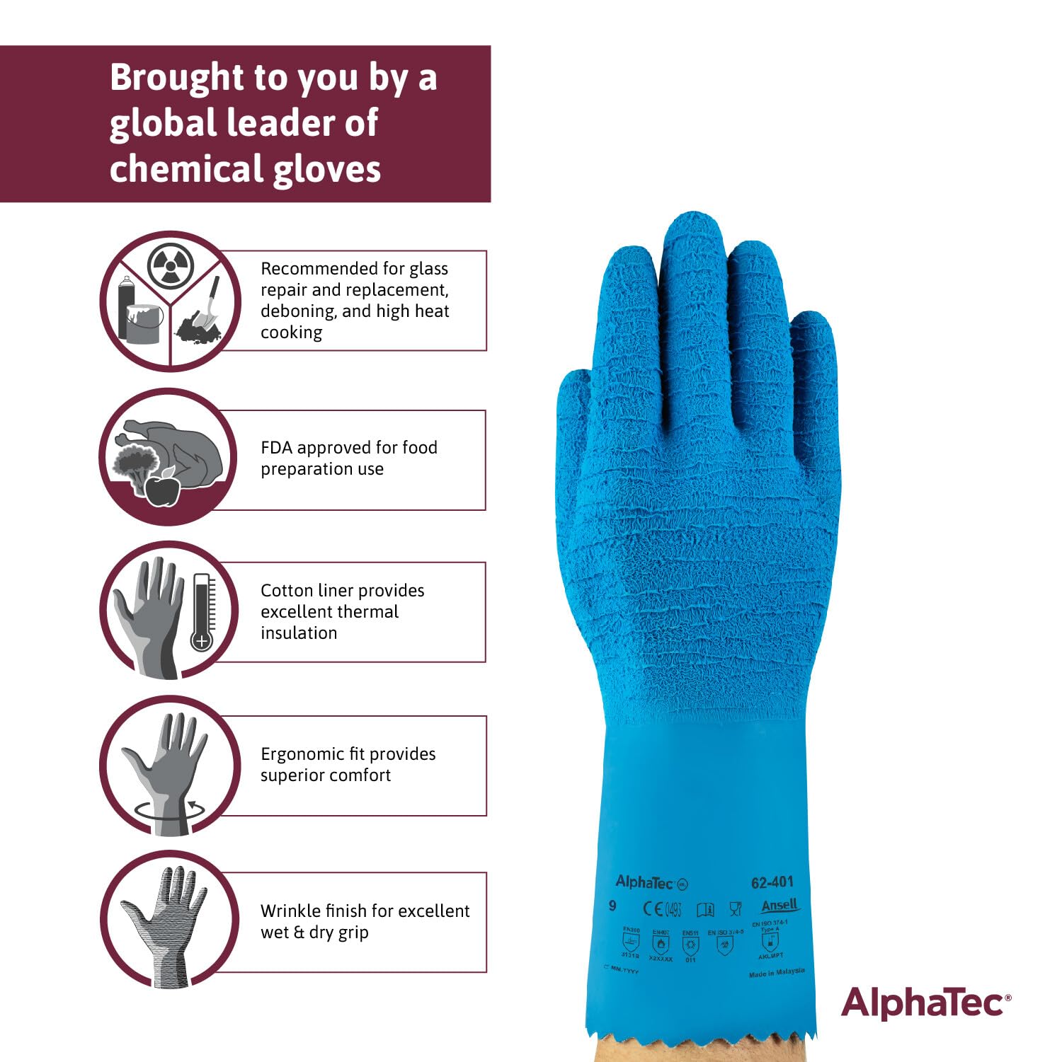 Ansell AlphaTec 62-401 Guanto in lattice, Protezione Contro le Sostanze Chimiche e Liquide, Blu, Taglia 10 (6 Paia)