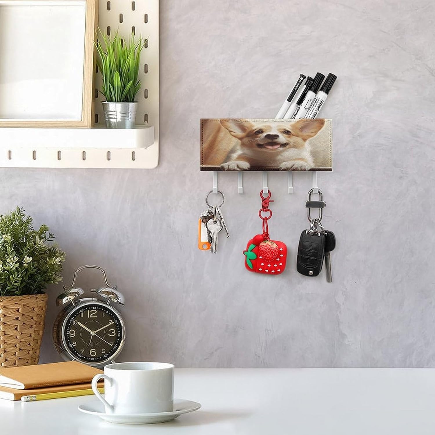 PU Leather Key Holder Wall Mount Key Organizer, Decorative Adhesive Key Rack with 5 Key Hooks, Fashion Cute Corgi Key Hanger Decor for Entryway Door Bathroom Kitchen Hallway