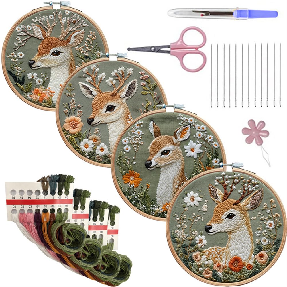 Meecaa Deer 4P Flower Animal Embroidery Kit Starter Set, Hand Embroidery Set,Pattern Printed Cross Stitch Set For Beginner Adults, With Embroidery Hoop And Instructions (Deer)
