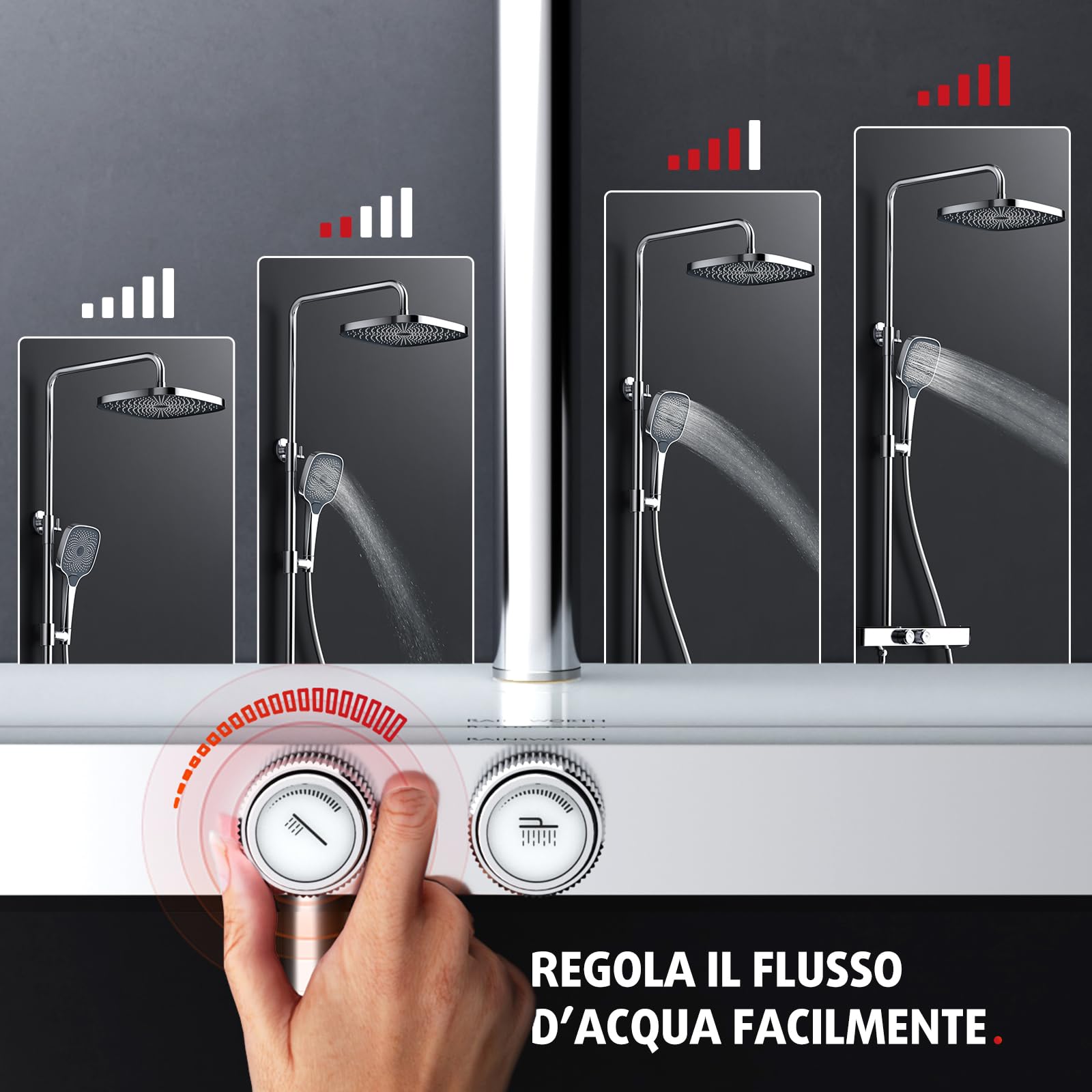 Rainsworth Sistema doccia con termostato e ripiano in vetro cromato – con doccia a pioggia 26 x 26 cm, doccetta 3 tipi di getti – Set doccia a pioggia