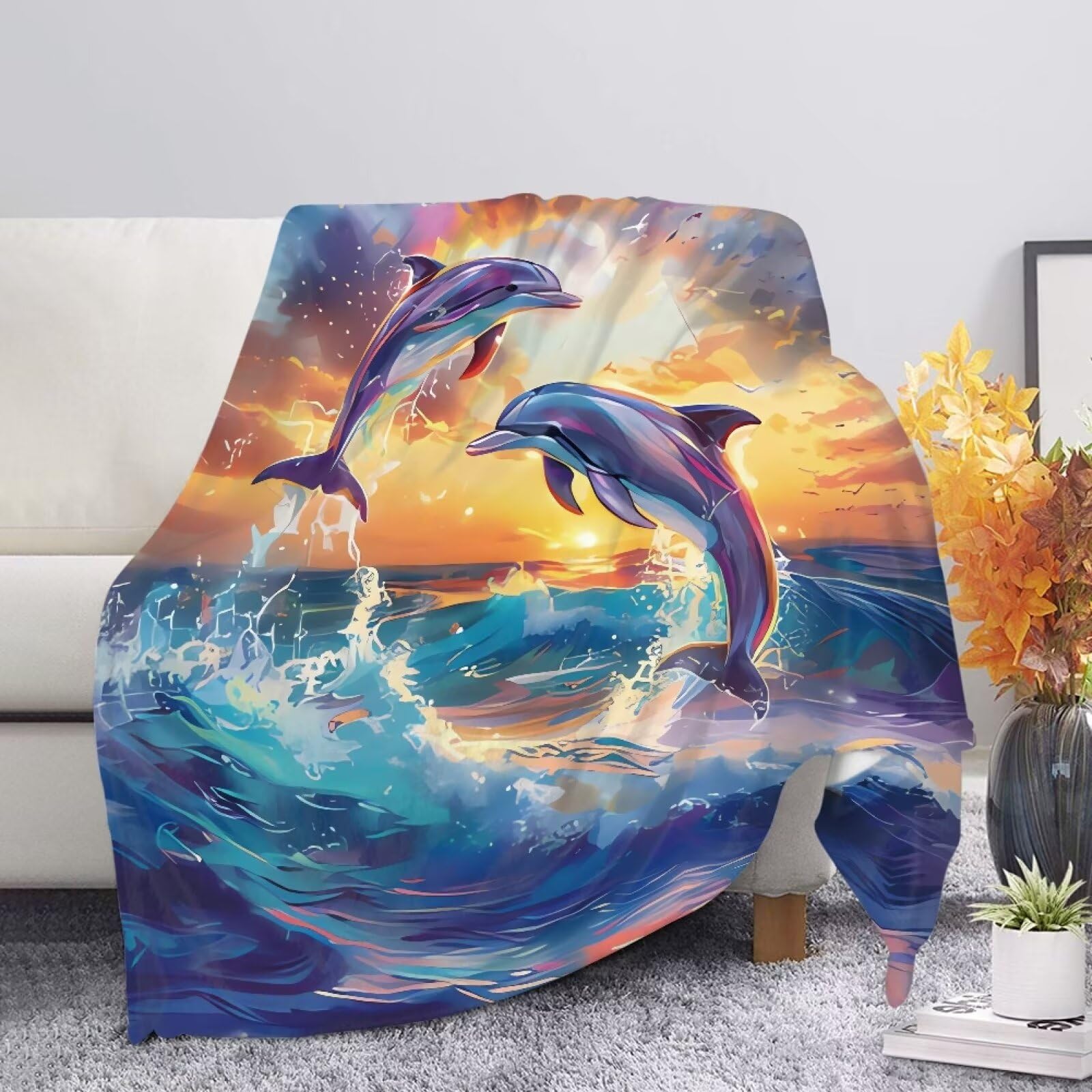 Allcute Novelty Print Fall Blanket for Couch Dolphin Throw Blanket Spring Winter Warm Soft Chair Sofa Throws Bed Living Room Fuzzy Cozy Blue Blankets