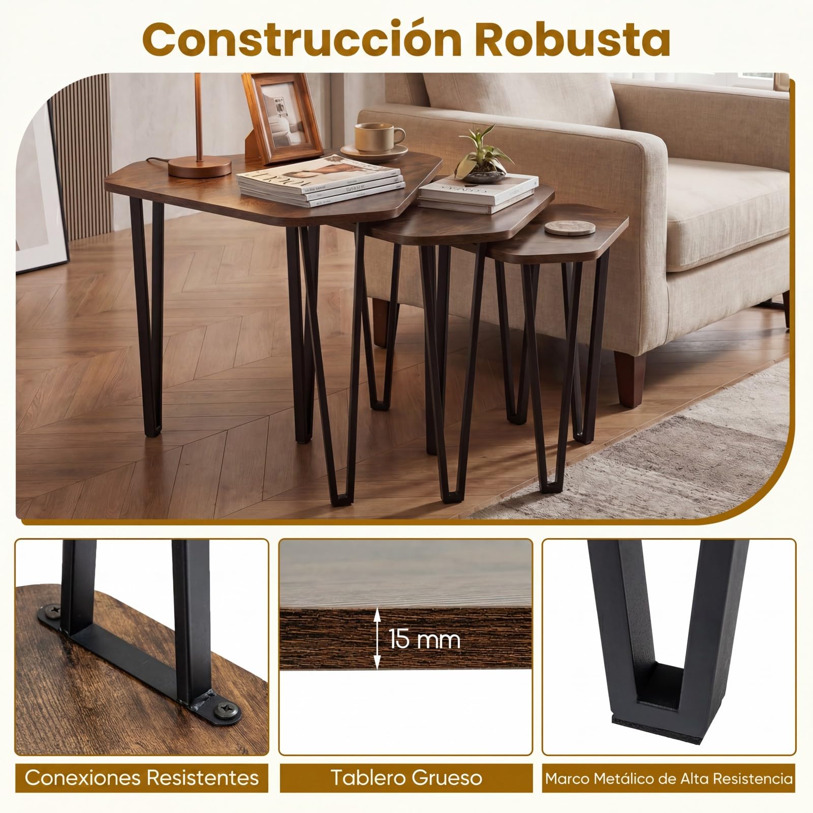 COSTWAY Juego de 3 Mesas de Centro Nido, Mesas Auxiliares Apilables con 3 Tamaños, Estructura de Metal, Muebles Industriales para Salón Dormitorio Oficina
