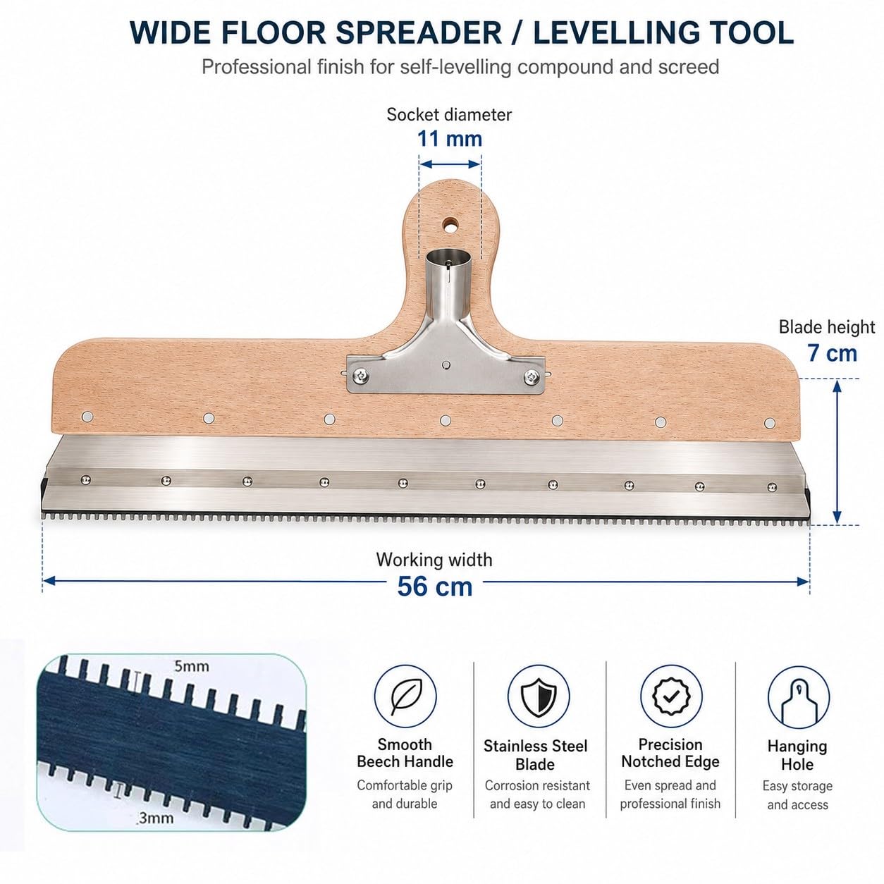 Rasqueta de piso epoxi, herramienta autonivelante resistente con 2 escobillas con muescas, diseño desmontable de 56 cm para aplicaciones de garaje y suelos industriales