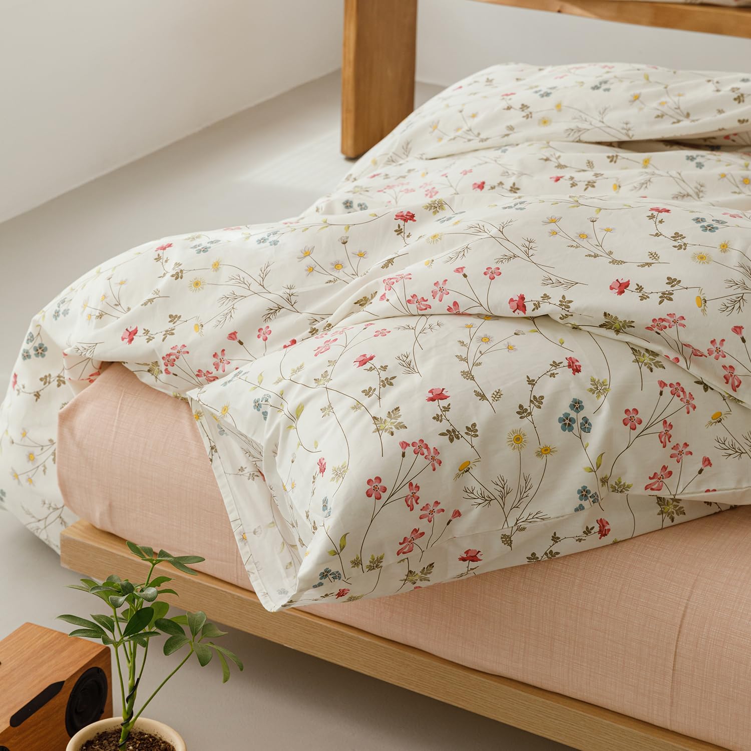 Luowei Mädchen Blumen Bettwäsche 135x200 cm Baumwolle Beige Weich Aesthetic Bettbezug Sommer Bunt Blumen Muster 100% Baumwolle Bettwäsche Sets mit Reißverschluss und 1 Kissenbezug 80x80cm