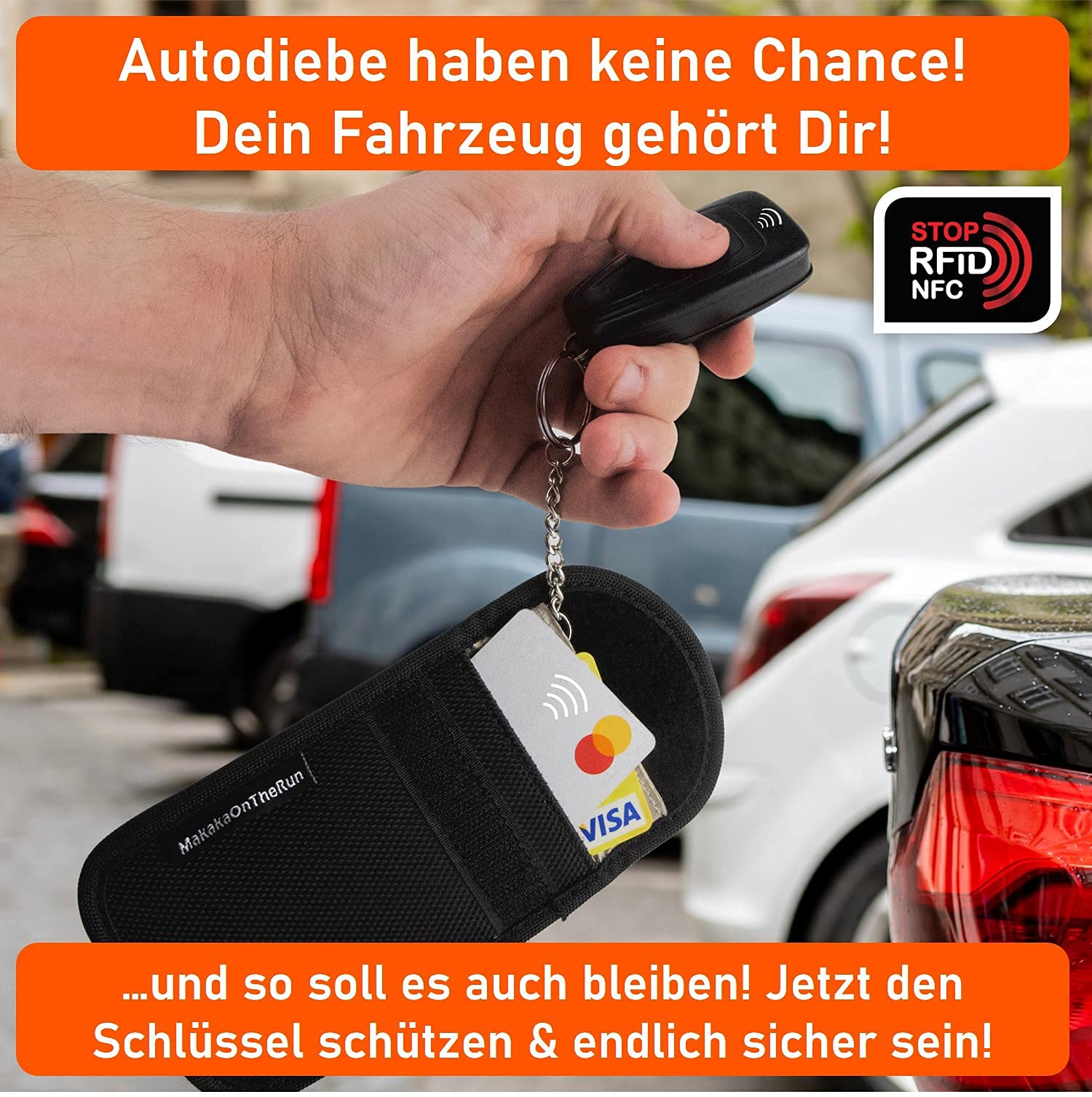 MakakaOnTheRun Funda para llave de coche - Keyless Go Protección con 2 compartimentos de protección RFID, funda para llaves de coche para todos los vehículos de la UE, Asia y América