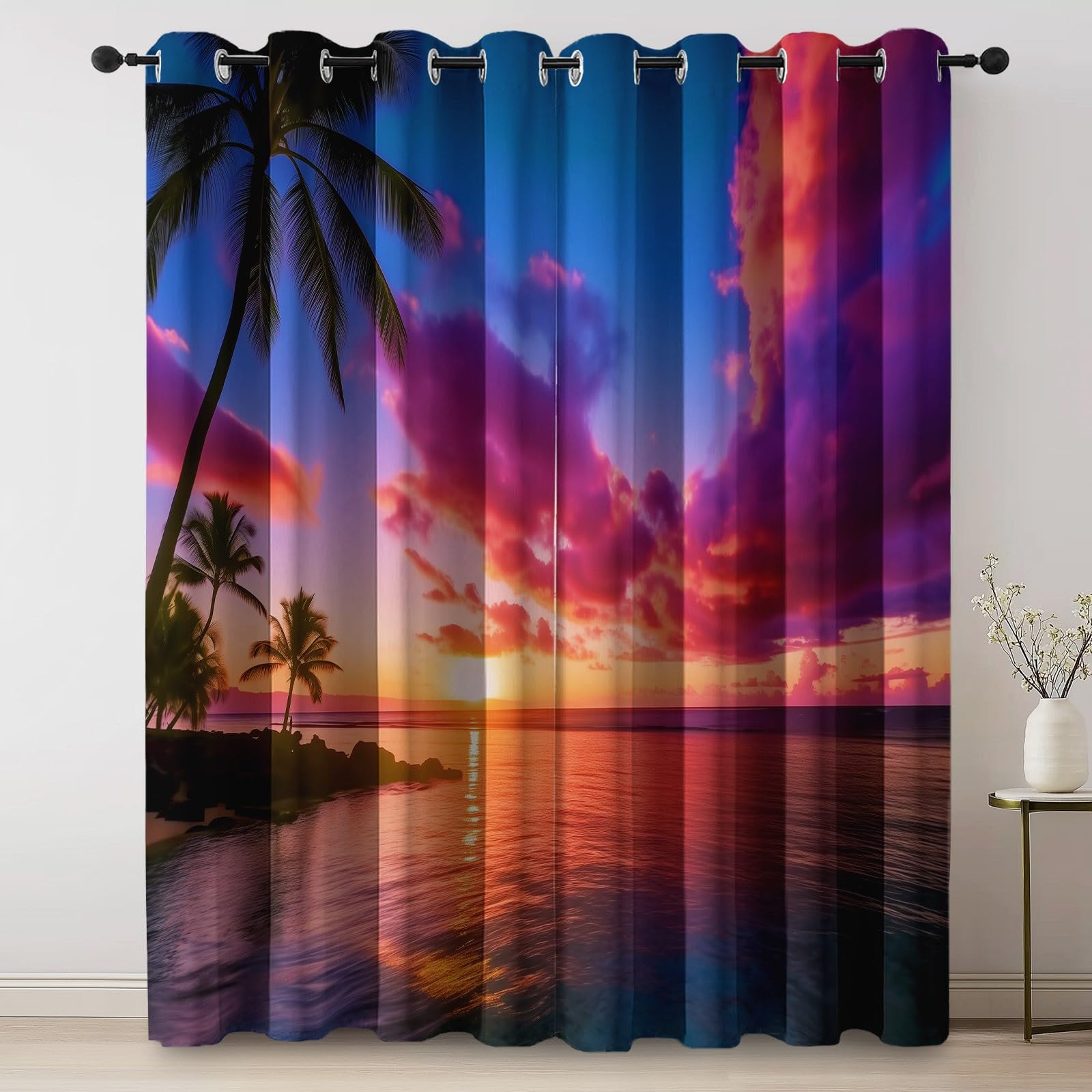 140L X 260H cm (2 Panneaux) Rideau Occultant Thermiques à Oeillets pour Chambre, Rose Orange Motif Paysage Plage Nuages Coucher De Soleil Rideaux Salon pour Chambre Enfant Fille Garcon Rideau