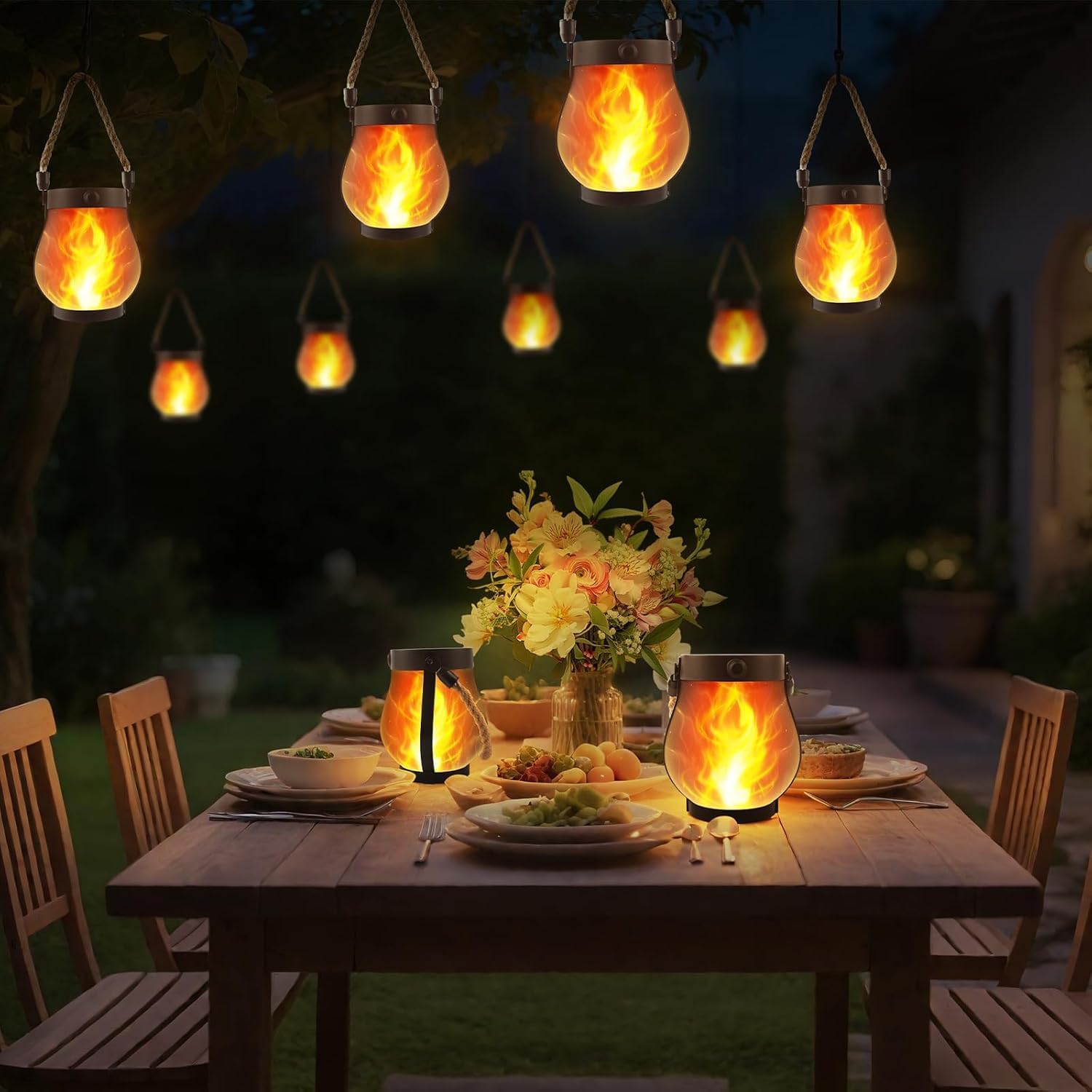 Solar Lanterns Outdoor Waterproof - 2 Pack Flickering Flame Hanging Lights with 2 Modes & Solar USB Dual Charging for Outside Yard Garden Patio Porch Pathway Tabletop Holiday Decor