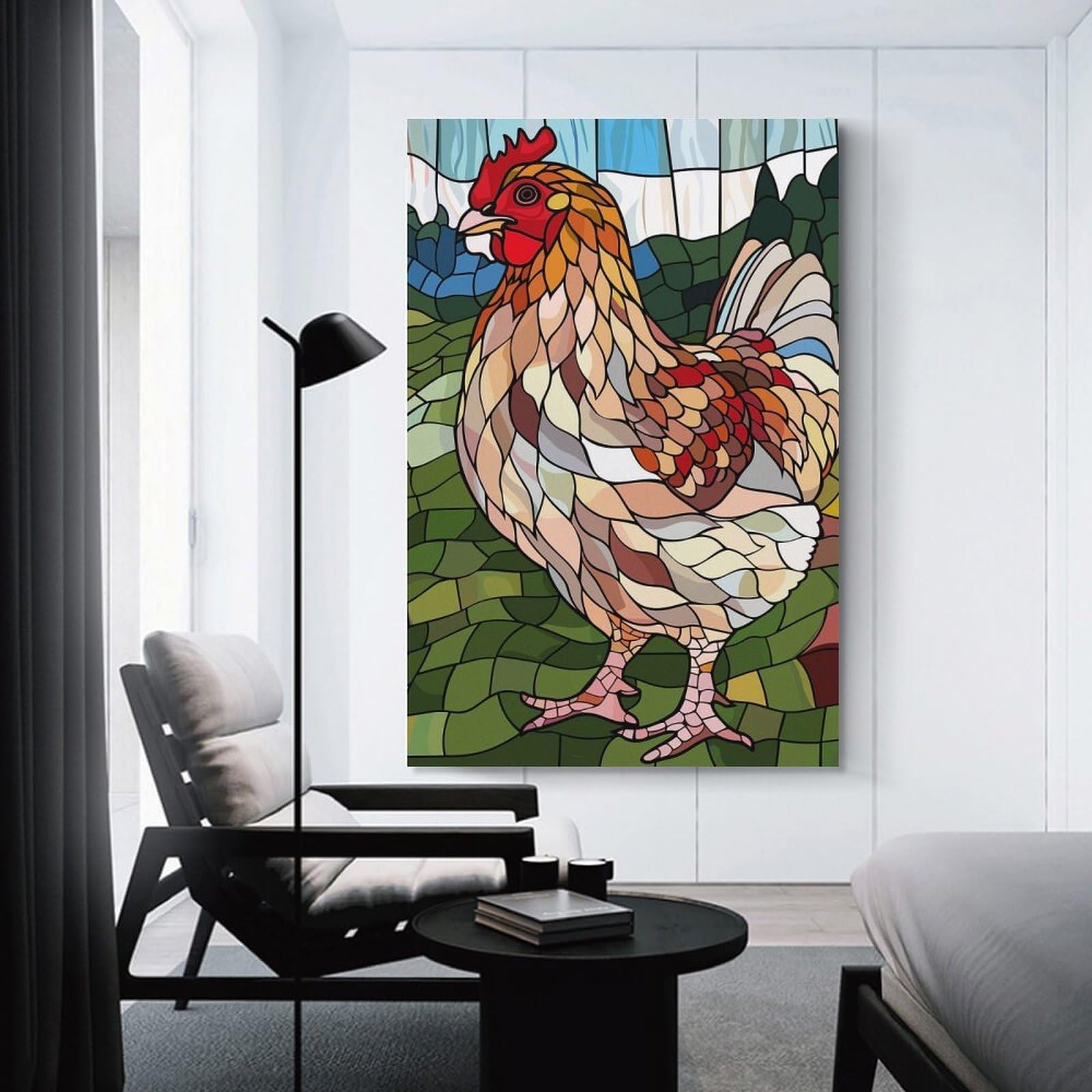 Junmoney Stained Glass Chicken in A Field Canvas Wall Decor, 24x36inch(60x90cm), for Gallery Wall Decor And Room Displays, Wall Decor Suited to Curated Displays