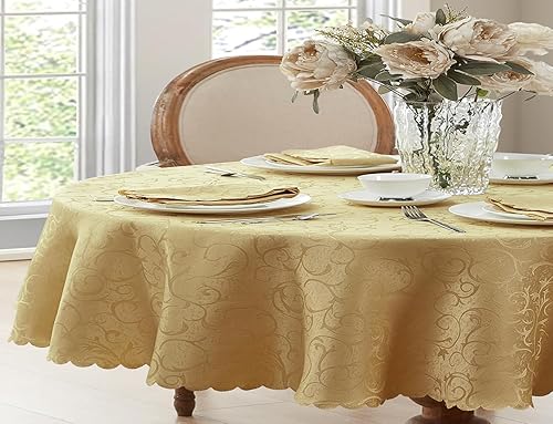 Vista 96 de Newbridge Mantel de tela de damasco festoneado Portofino de Navidad, 60 x 102 pulgadas, rectangular, marfil, resistente a las arrugas y a