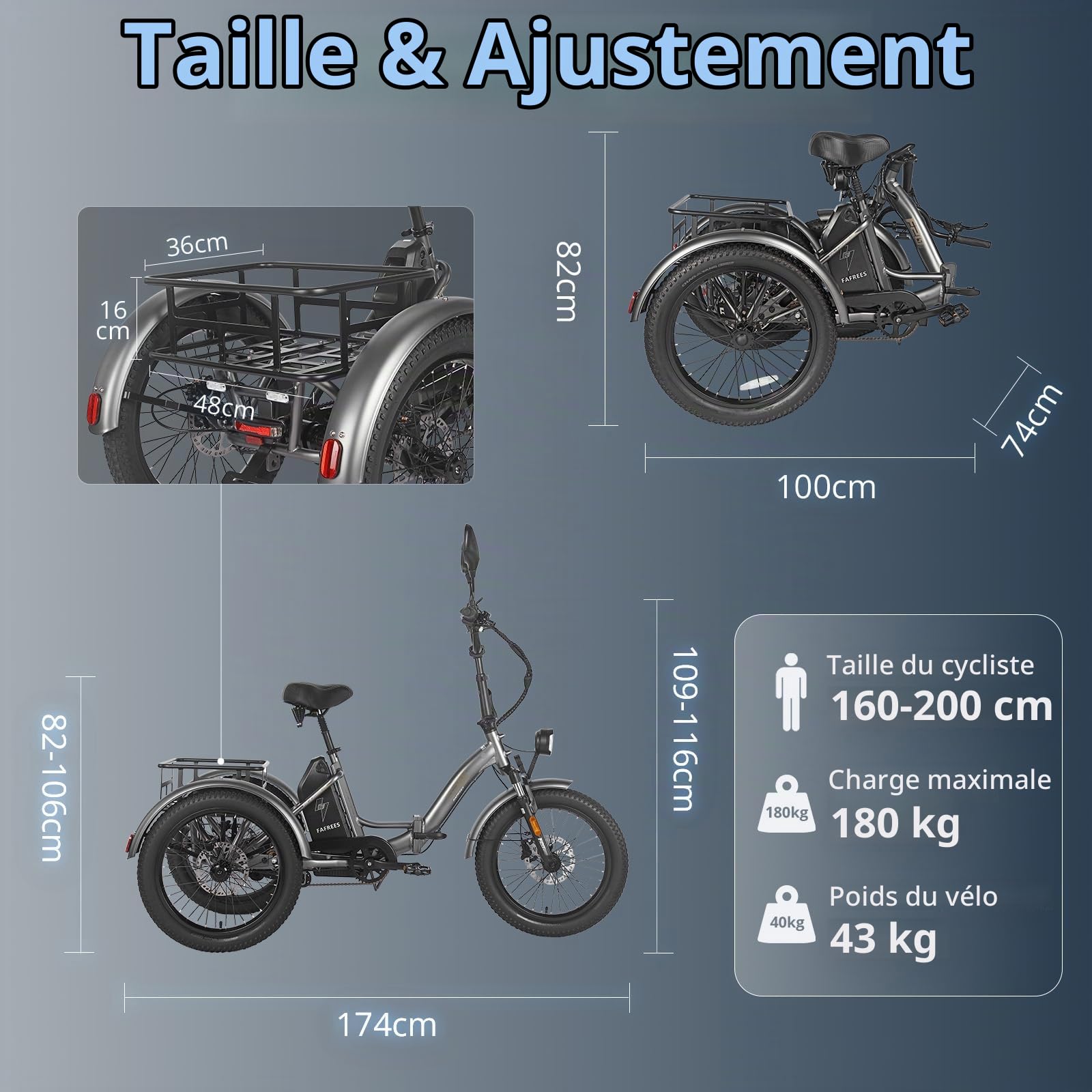 Fafrees F20 Mate Tricycle Adulte Electrique, FatBike Electrique Pliant avec 48V 12/23,45AH Lithium Batterie Jusqu'à 60-140km, Velo 20 Pouces pour L'extérieur avec Miroir & Panier Arrière