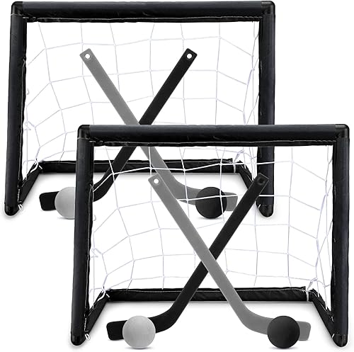 Miniatura 8 de Juego de 2 juegos de mini hockey para niños, incluye 2 redes de hockey, 2 mini portería de hockey, 4 mini palos de hockey de plástico, 4 bolas de