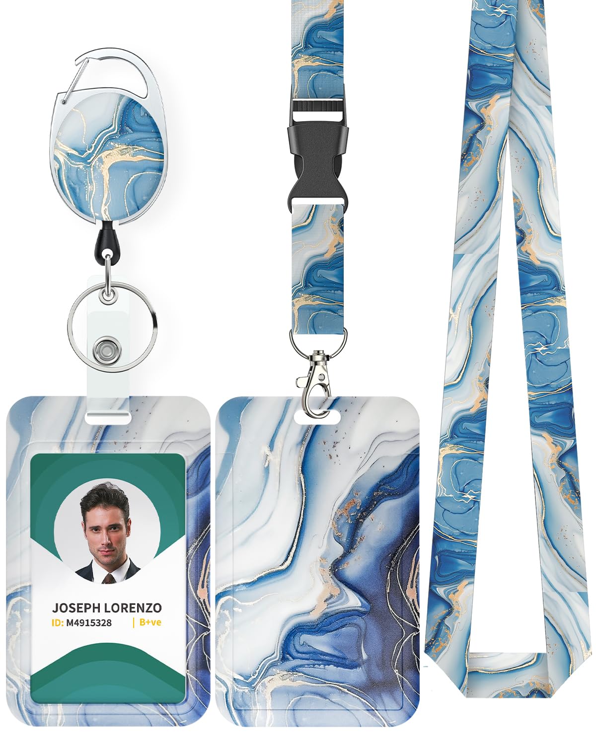 Uniclife Fashionable Sliding Badge Holder Blue Marbled Plastic Case with Retractable Badge Reel Carabiner Clip & Detachable Lanyard Strap Vertical Card Protector for Worker Nurse Teacher Student