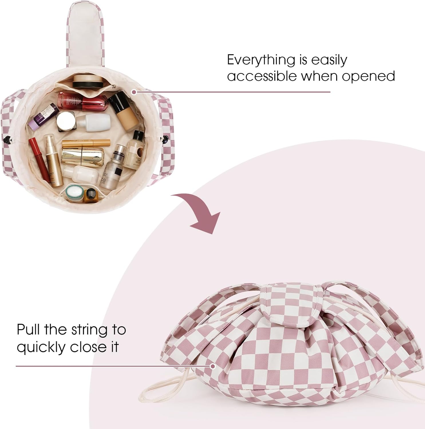 Narwey Barrel Drawstring Checkered Makeup Bag Large Cosmetic Bag Make up Bags Toiletry Bag Travel Bags for Toiletries Organizer for Women Gift for Teen Girls (Dusty Pink Checkerboard) (Patent) - Image 3