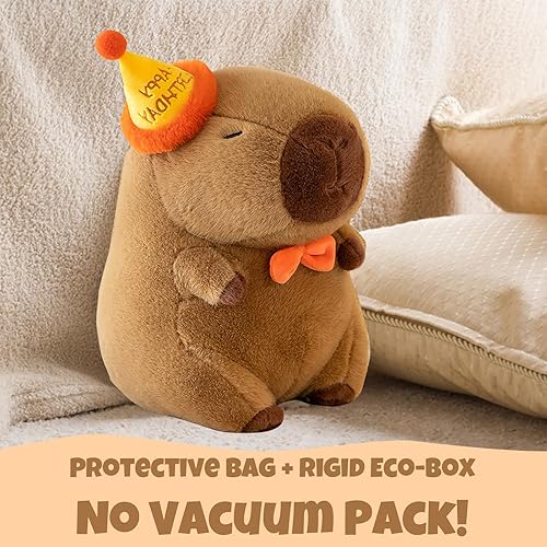 Miniatura 5 de Capybara - Muñeca Capybara de peluche, regalo de cumpleaños, decoración de fiesta, lindo juguete de peluche con sombrero feliz y corbata naranja,