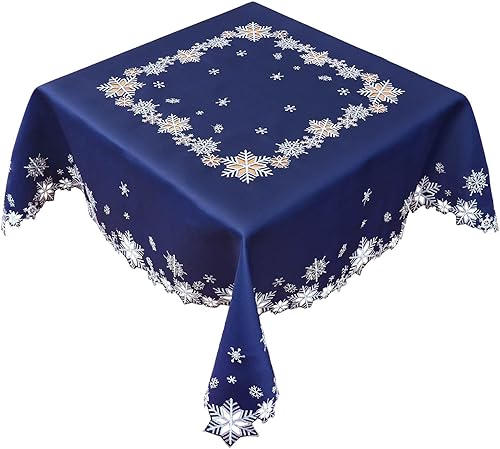 Simhomsen Manteles bordados de copos de nieve para Navidad e invierno (cuadrado de 52 pulgadas, azul marino)