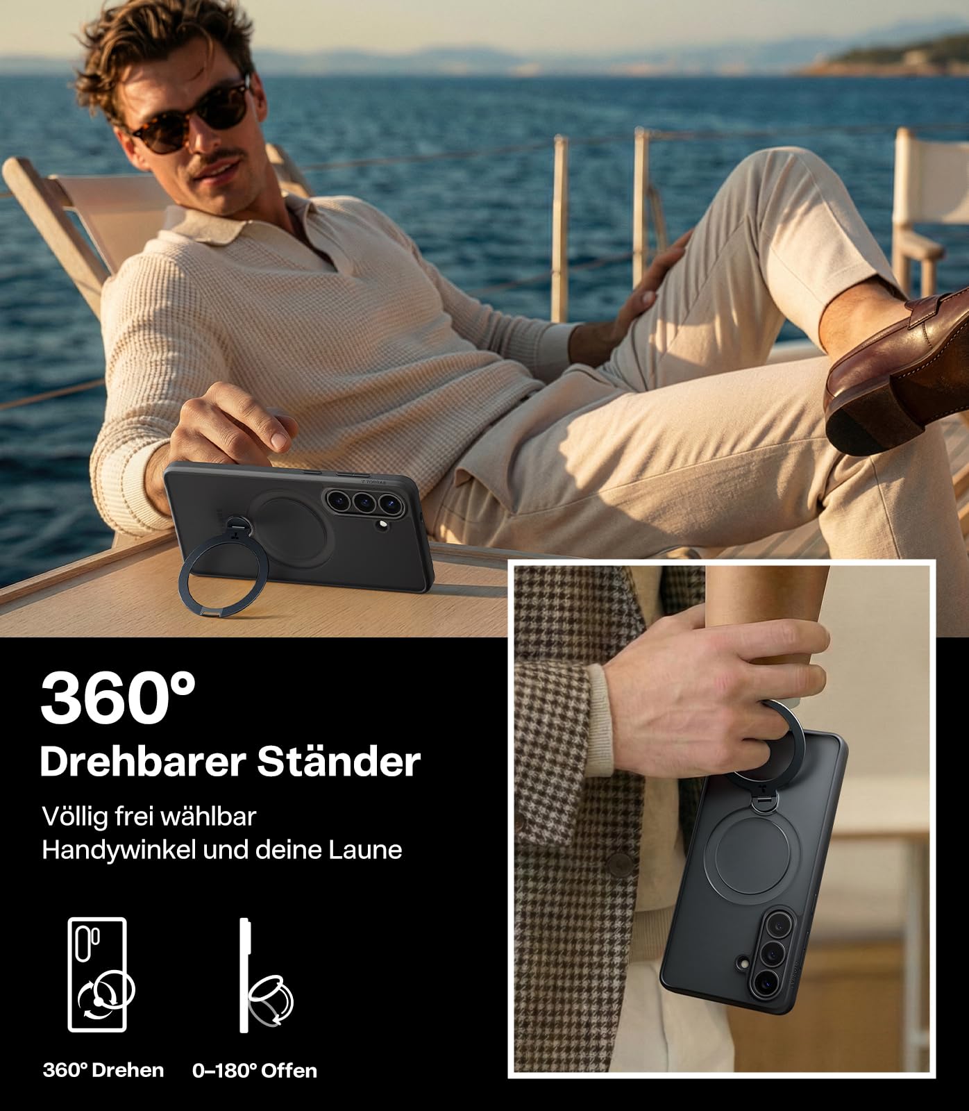 TORRAS Ostand Q3 Spin für Samsung Galaxy S26 Hülle (360° Langlebig Ständer für Magsafe) TOP Militärschutz Stoßfest Kratzfeste Dünn Super Haptik Matt Handyhülle Samsung S26 Case Schutzhülle Schwarz