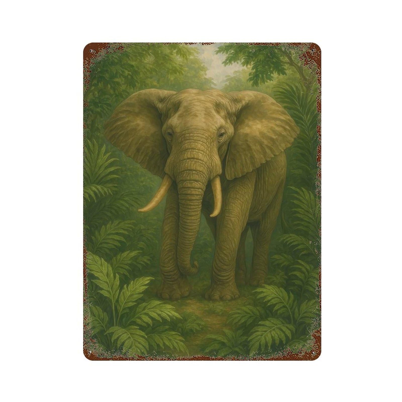 Rust Effect Elephant in Lush Green Jungle Aged Metal Wall Plaque 15.7"x11.8", Shabby Chic Decor for Living Room, Hallway And Home Decor