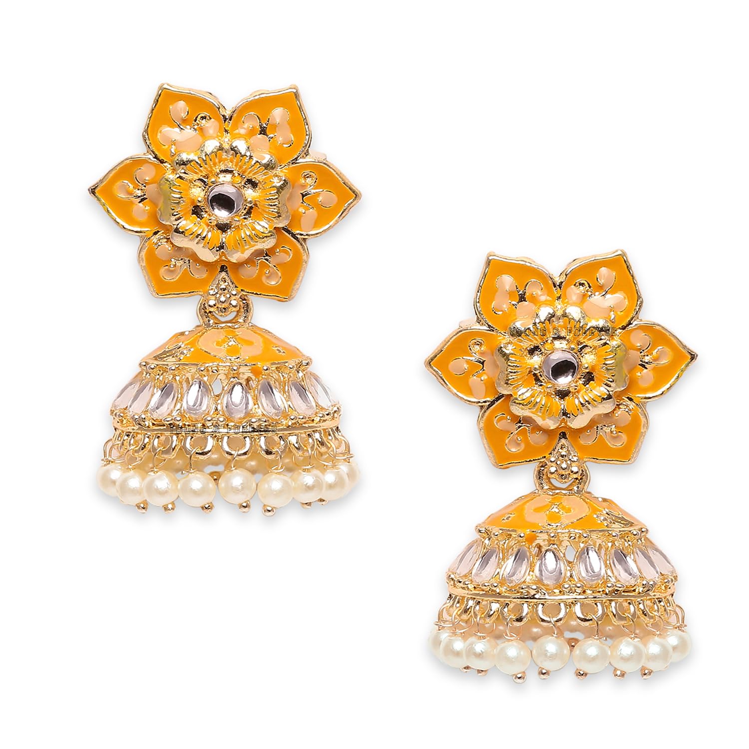 Young & Forever Gift Traditional Fashion Jhumkas Womens Hypoallergenic Gold Statement Jhumka Golden Dangler Yellow Floral Pearl Earrings Set for Women and Earring Gift for Girls (B0C96BZ92X) Amazon Price History, Amazon Price Tracker