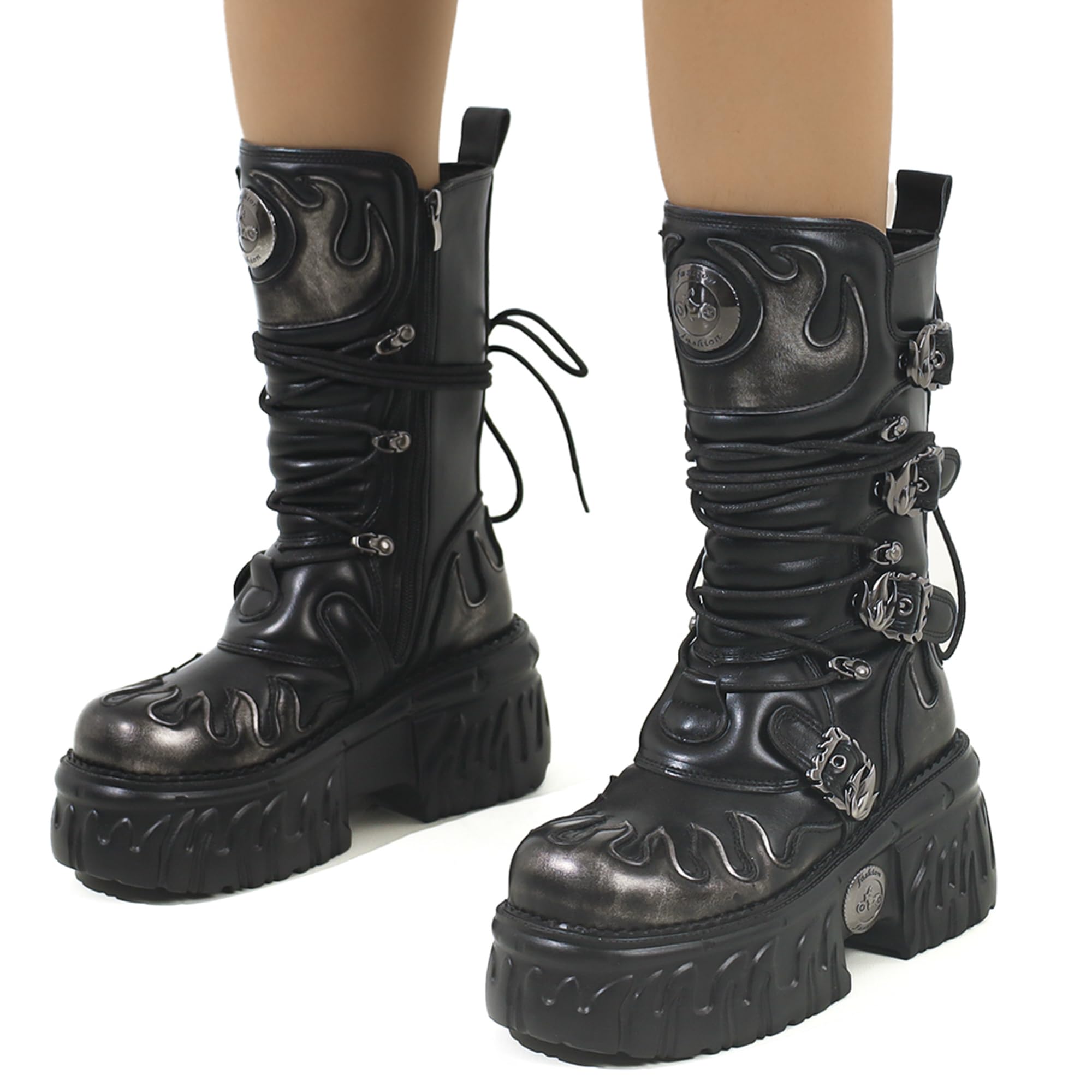 Botas Punk Góticas de Plataforma para Mujer con Diseño de Llamas, Hebillas Metálicas Cremallera Lateral – Estilo Biker Rock de Suela Gruesa